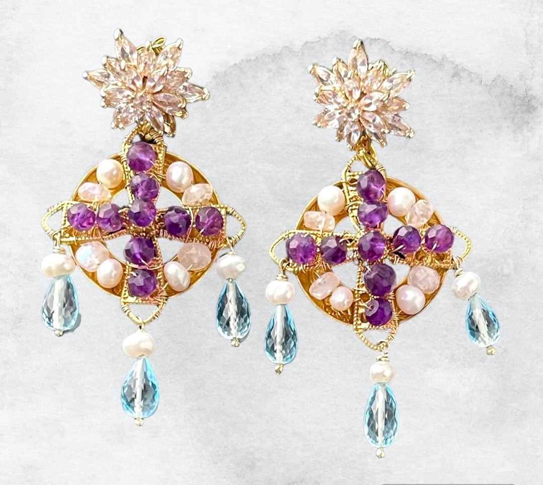 Celestial Alchemical Renaissance Style Gemstone Earrings, Byzantine Medieval Jewelry, Handcrafted with Amethyst Pearl and Blue Topaz