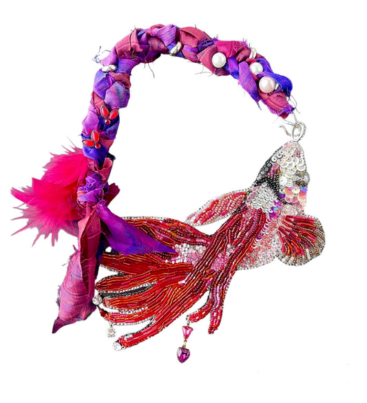 Magical Catch Red Betta Fish Sparkly Necklace, Bead Embroidery Wearable Art with Glass, Pearls, and Crystal Beads on Silk Magenta Braid Rope