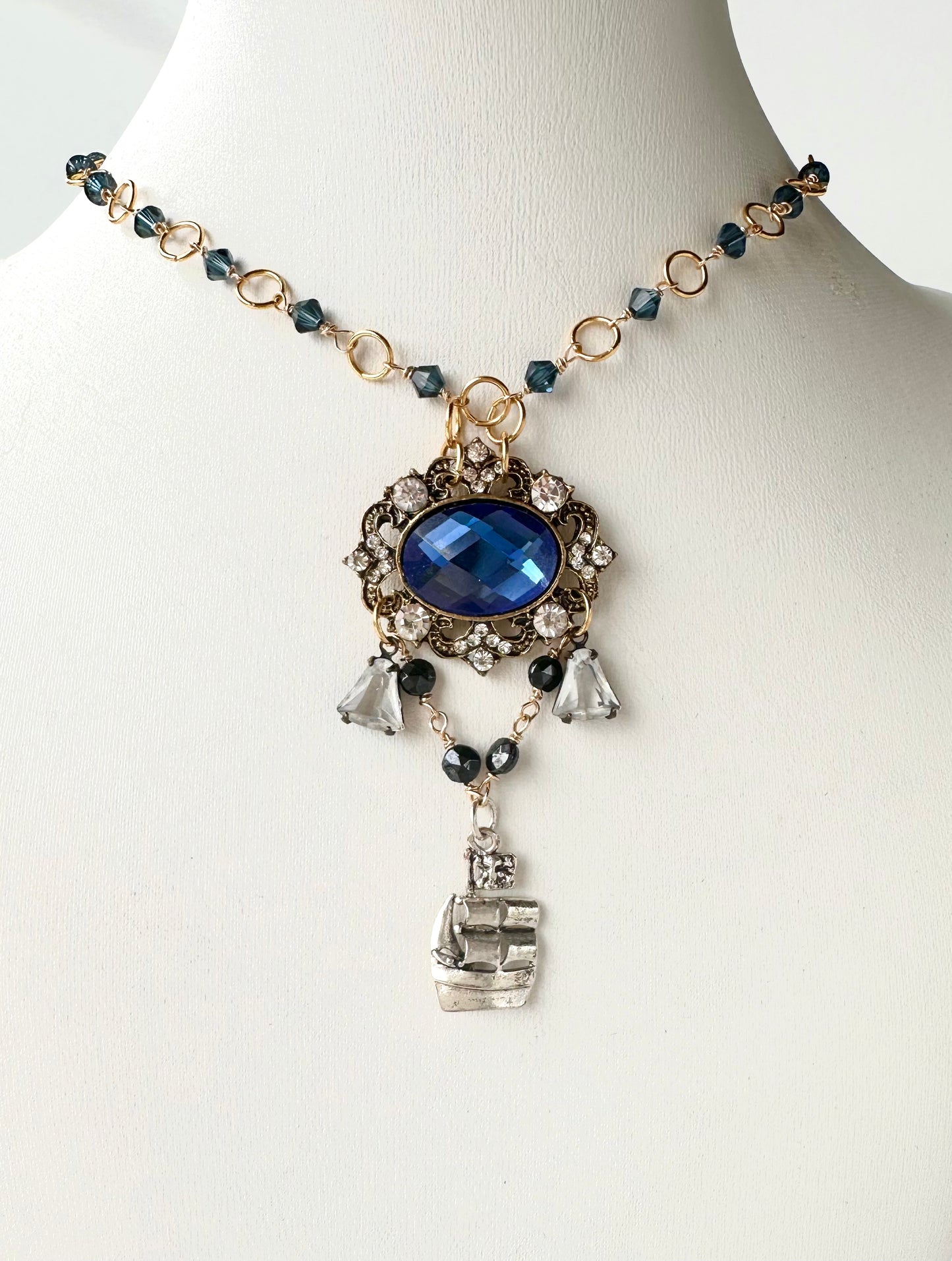 Georgiana Necklace - Rococo Flair Blue Rhinestone and Ship Pendant Necklace with Austrian Crystal Beads and Plated Chain