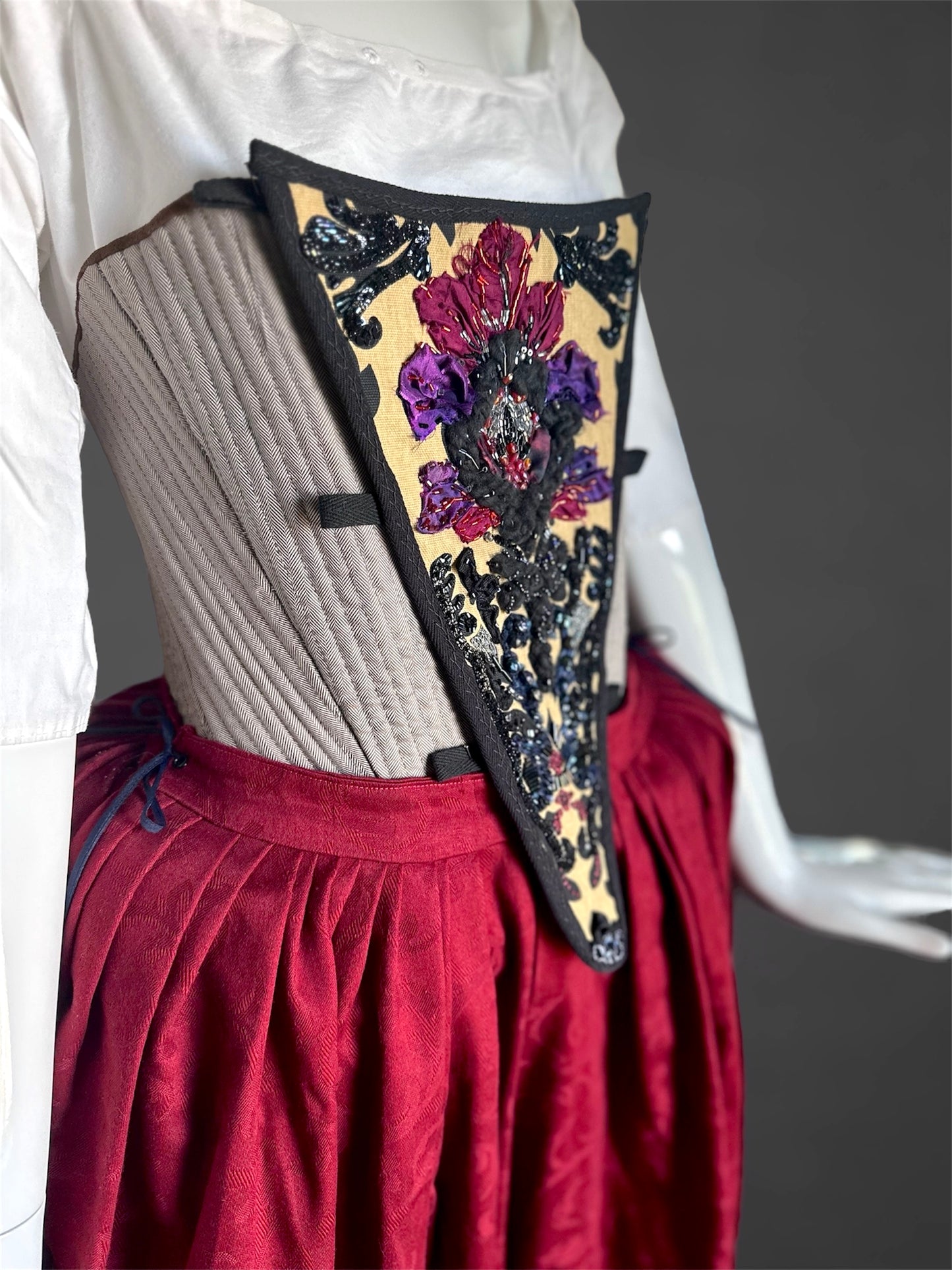 Late 17th Century Style Boned Stomacher with Opulent Hand Embroidery, Floral Exoticism Neutral Blue Green 1600s 1700s Historical Costumes