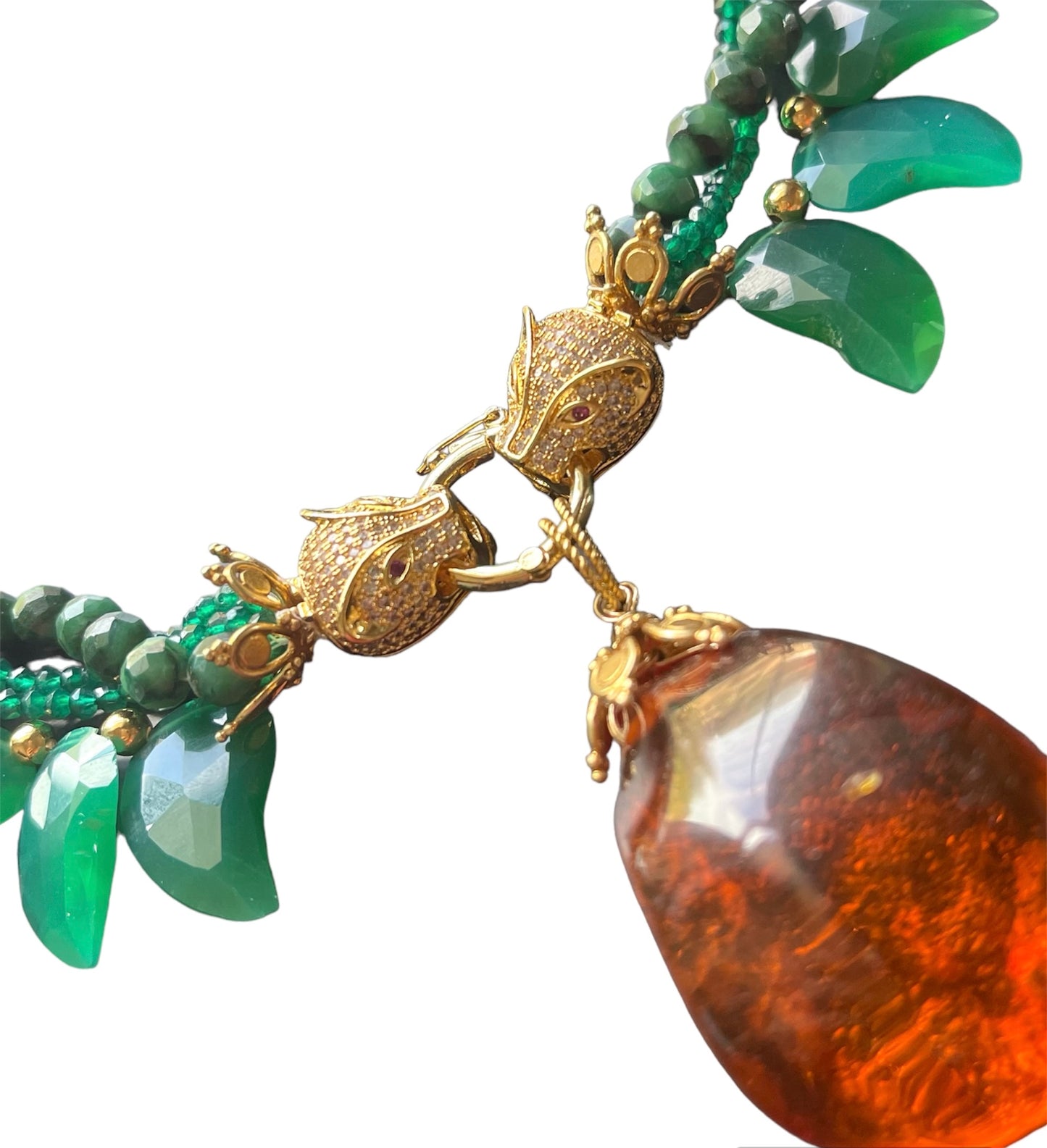 Luxury Necklace with Baltic Amber and Carved Green Onyx