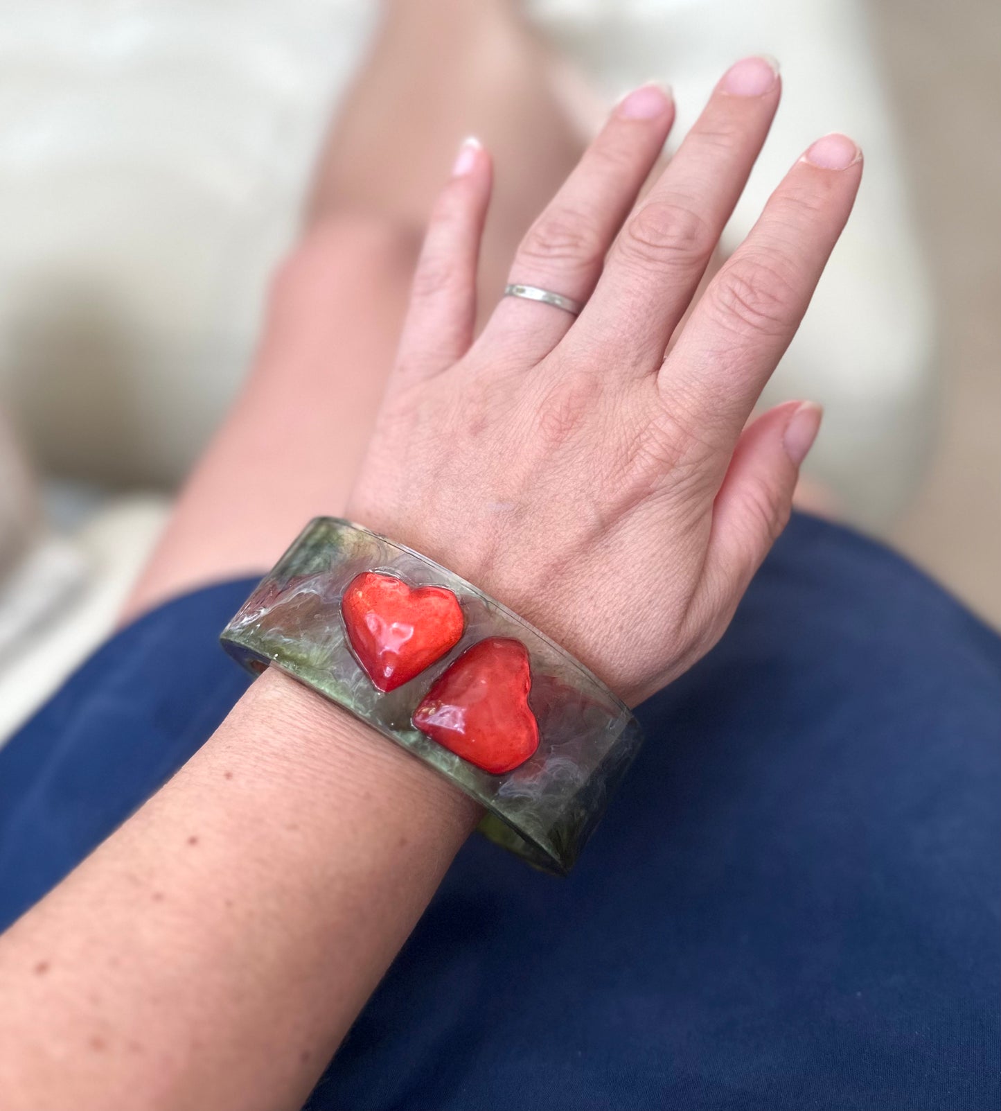 Vibrant Vintage Inspired Abstract Art Resin Cuff Bracelet with Red Hearts Inlay, Mid Century Style Colorful Clear Bangle, Friendship Gifts