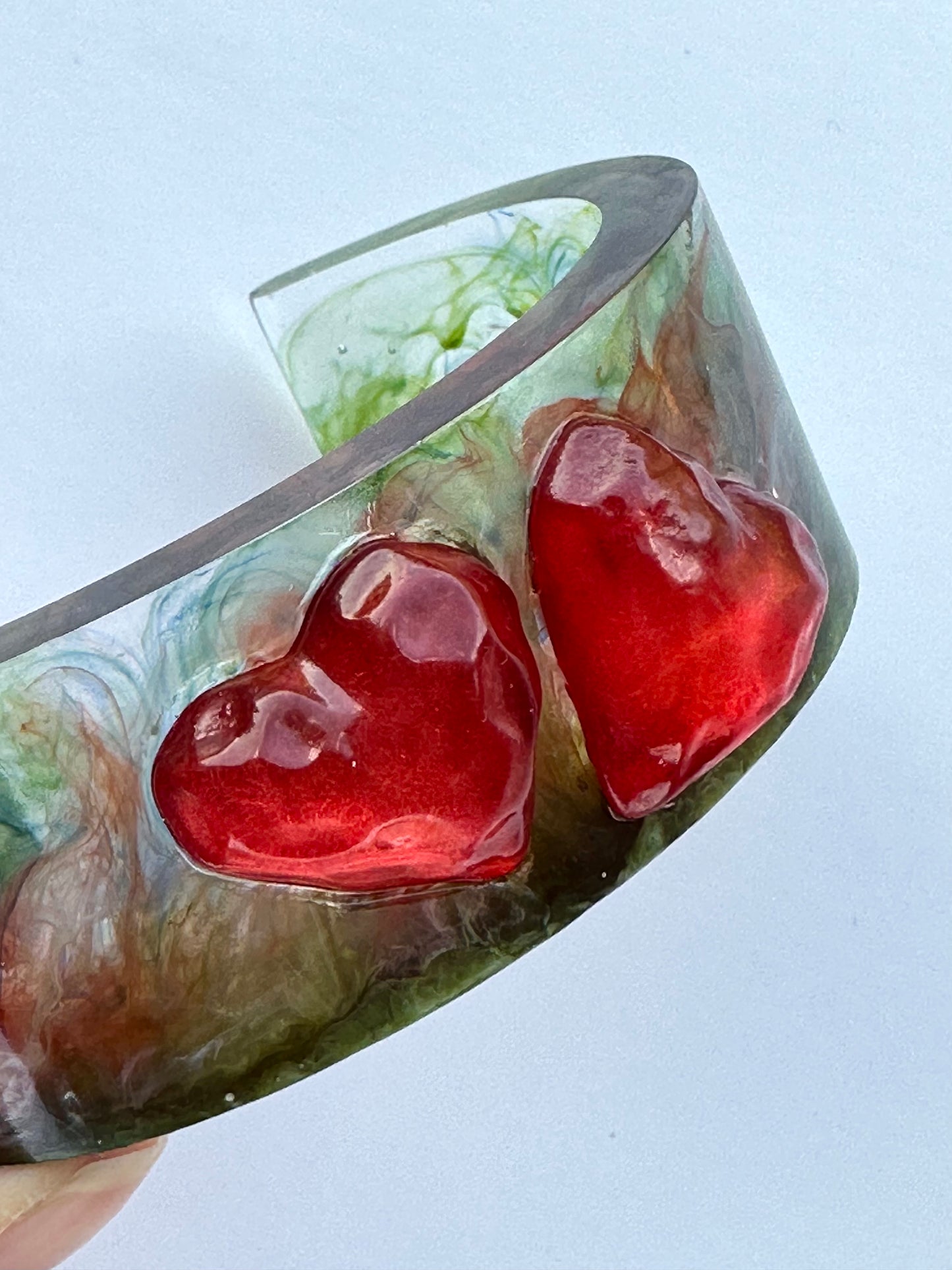 Vibrant Vintage Inspired Abstract Art Resin Cuff Bracelet with Red Hearts Inlay, Mid Century Style Colorful Clear Bangle, Friendship Gifts