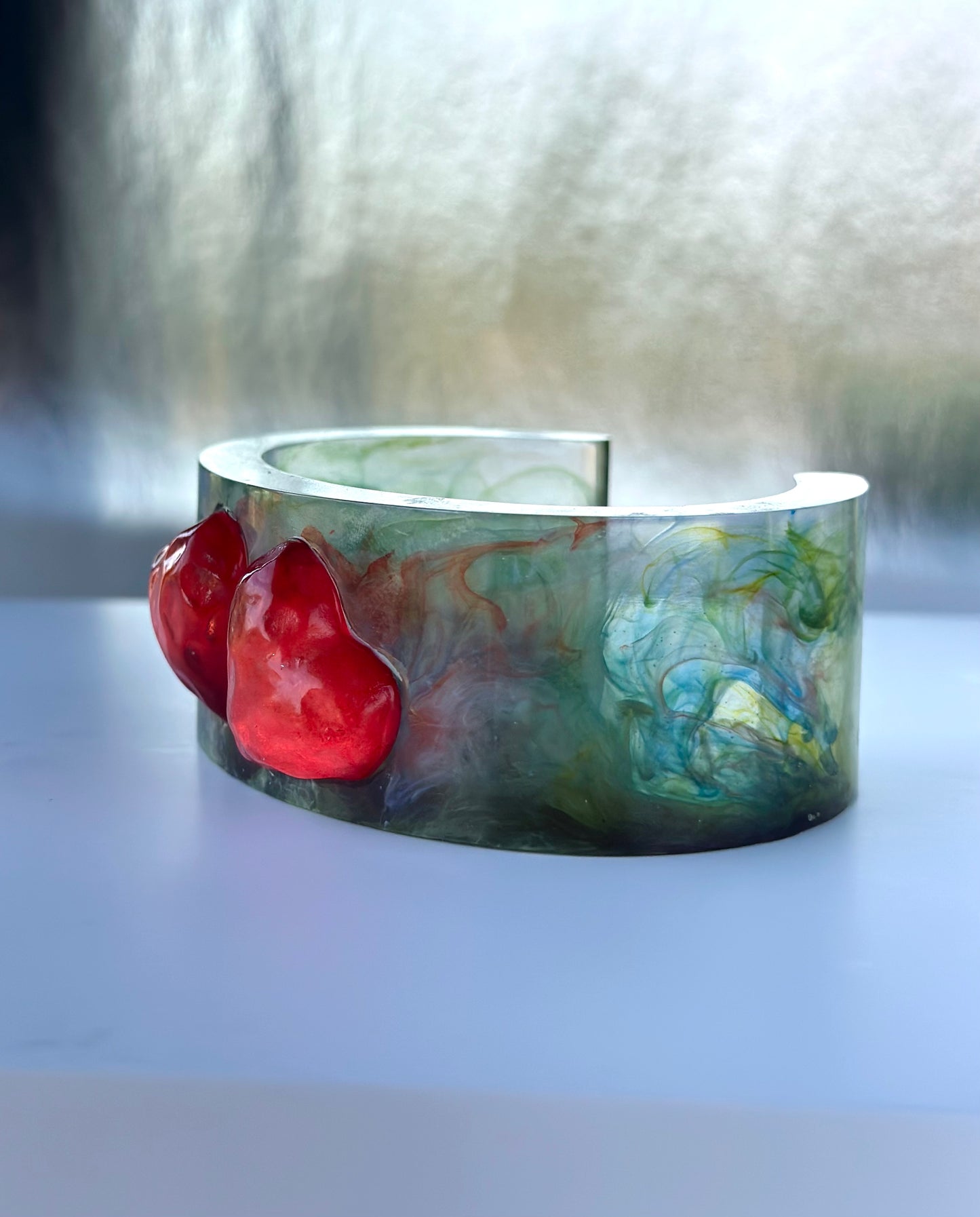 Vibrant Vintage Inspired Abstract Art Resin Cuff Bracelet with Red Hearts Inlay, Mid Century Style Colorful Clear Bangle, Friendship Gifts