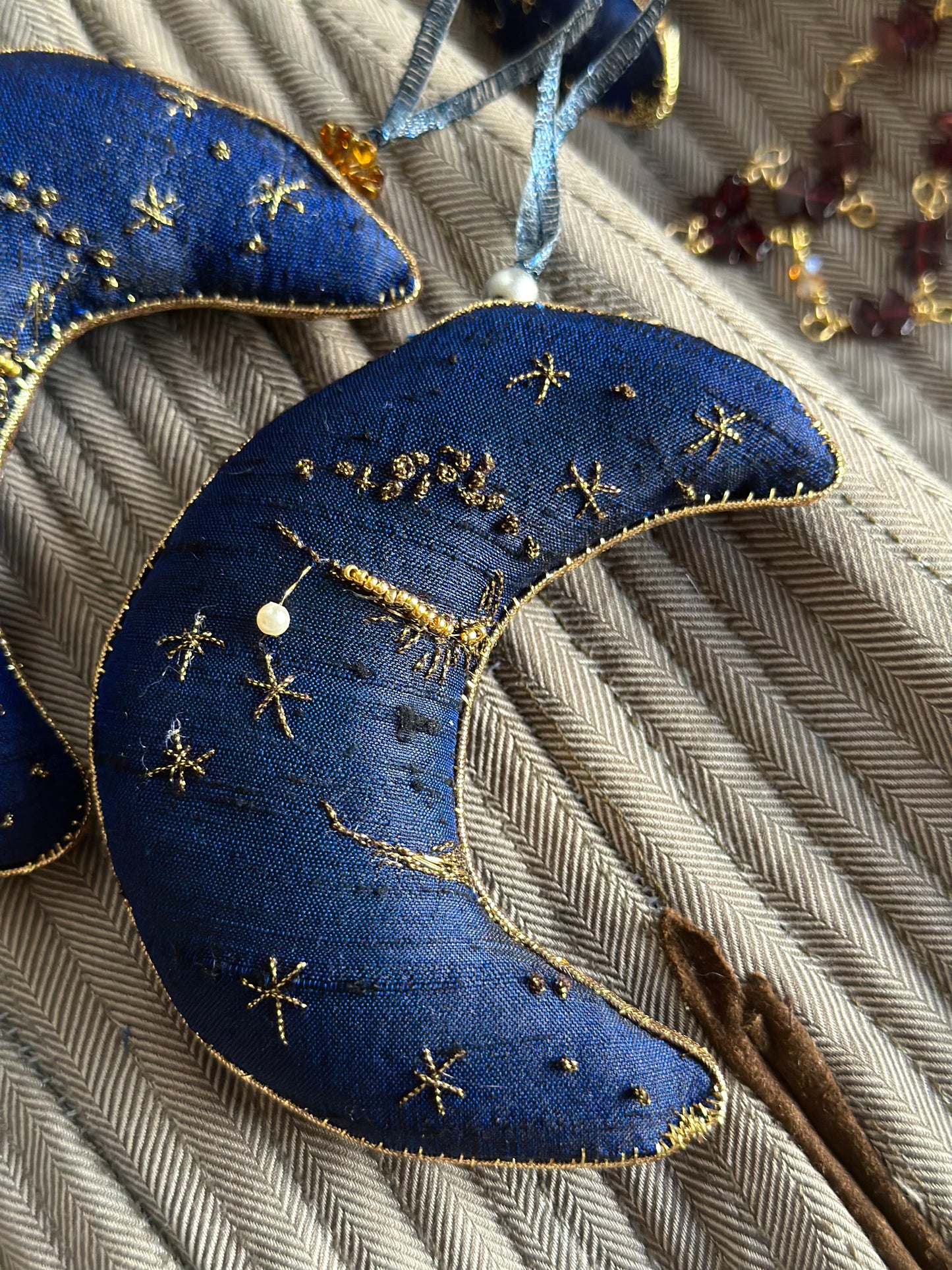 Silk Pincushion Ornament Crescent Moon Shaped in Midnight Blue, Goldwork Hand Embroidery Cute Gifts