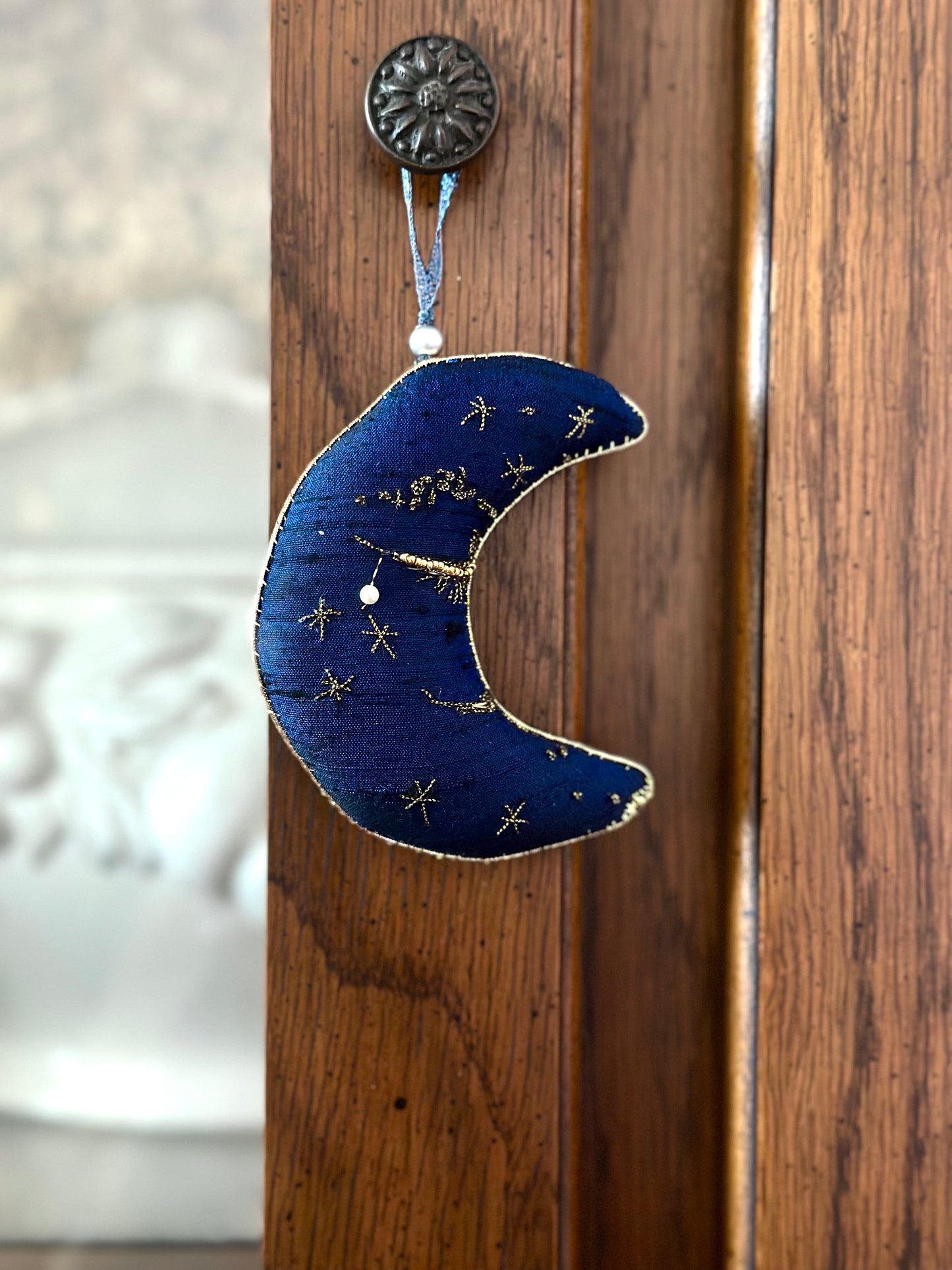 Silk Pincushion Ornament Crescent Moon Shaped in Midnight Blue, Goldwork Hand Embroidery Cute Gifts