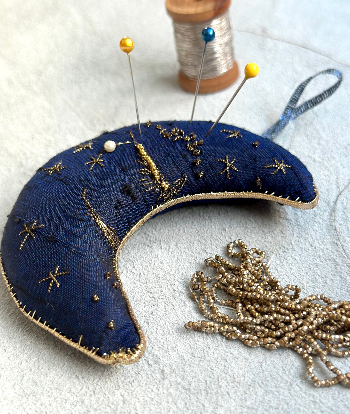 Silk Pincushion Ornament Crescent Moon Shaped in Midnight Blue, Goldwork Hand Embroidery Cute Gifts