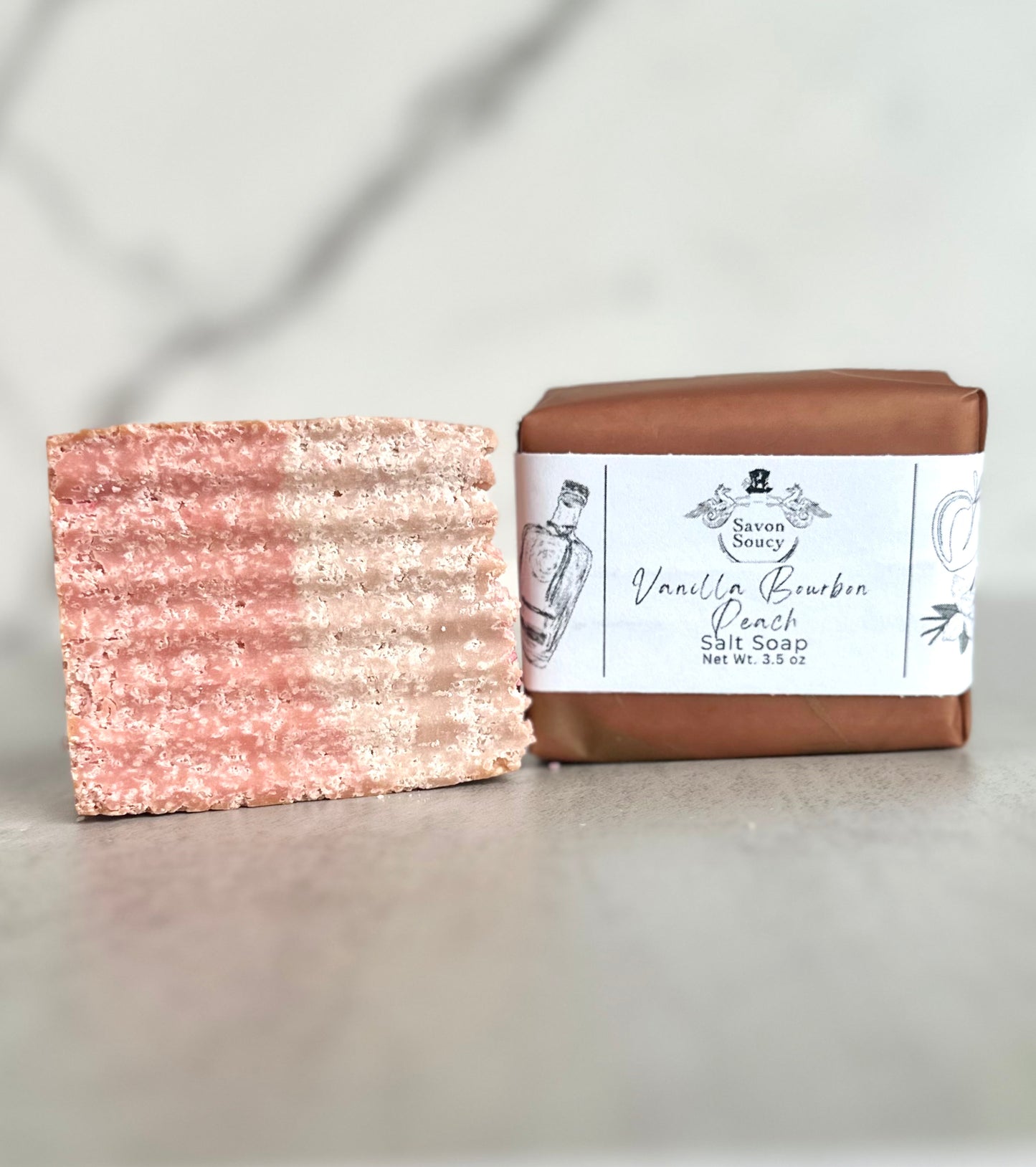 Vanilla Bourbon Peach Scented Sea Salt Shower Bar with Coconut Oil & Shea Butter 3.5 OZ; Soft Oriental Fruity Unisex Fragrance Soap Gift