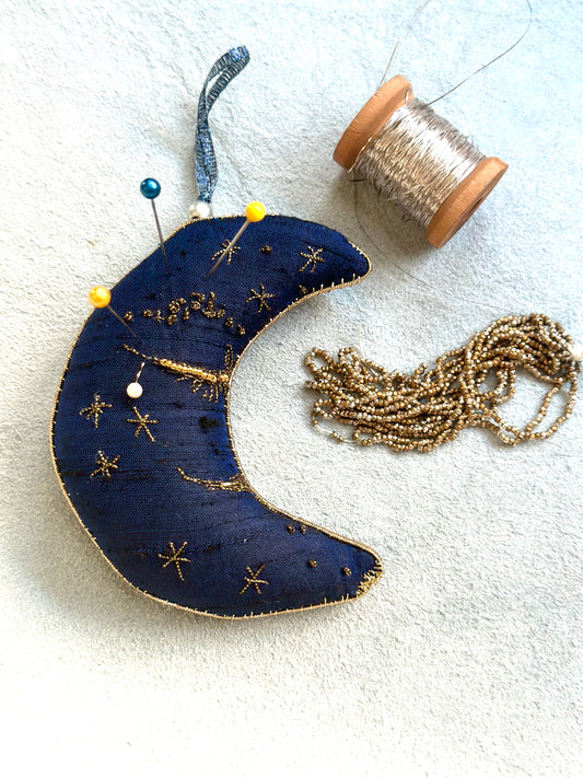 Silk Pincushion Ornament Crescent Moon Shaped in Midnight Blue, Goldwork Hand Embroidery Cute Gifts