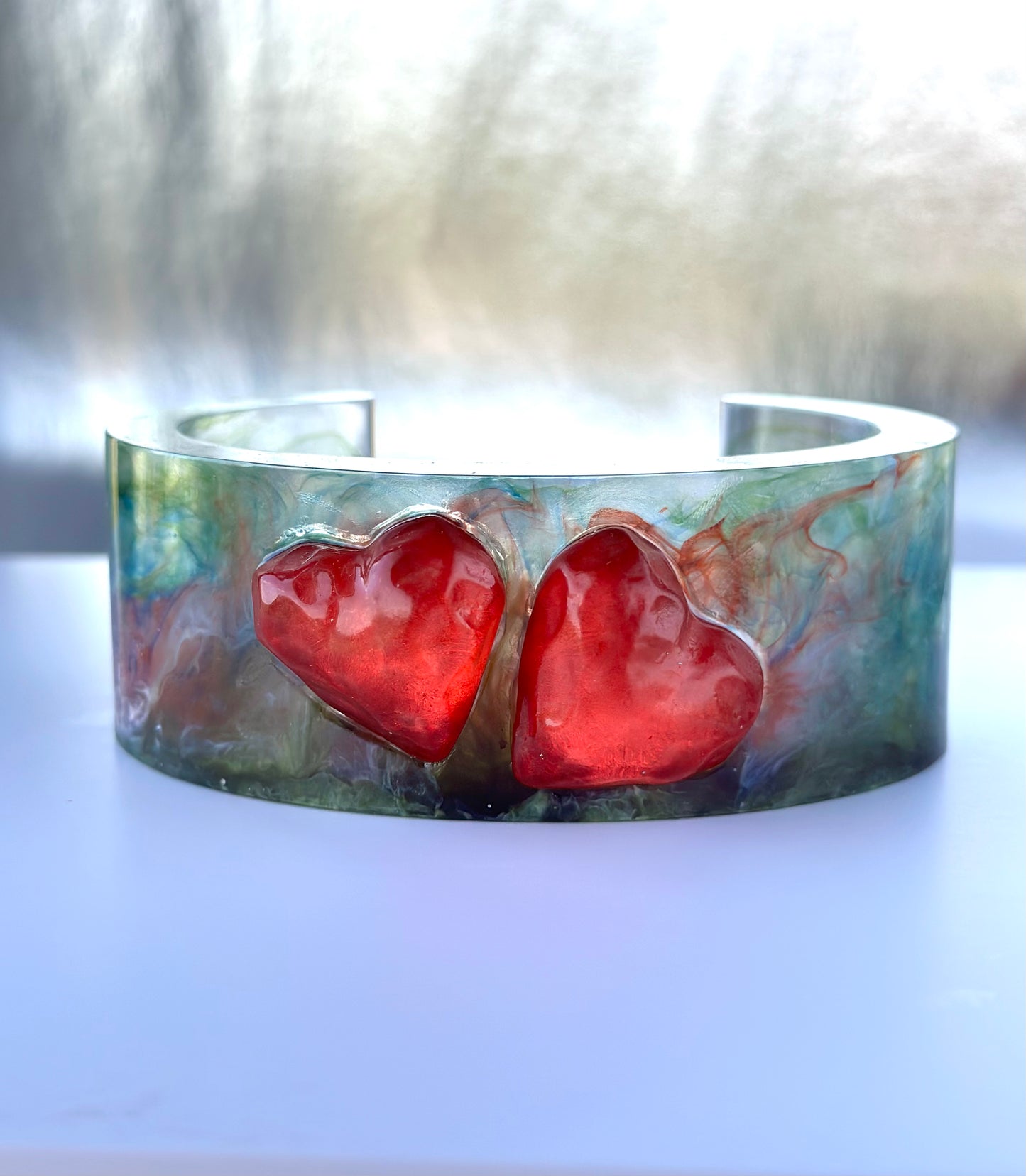 Vibrant Vintage Inspired Abstract Art Resin Cuff Bracelet with Red Hearts Inlay, Mid Century Style Colorful Clear Bangle, Friendship Gifts