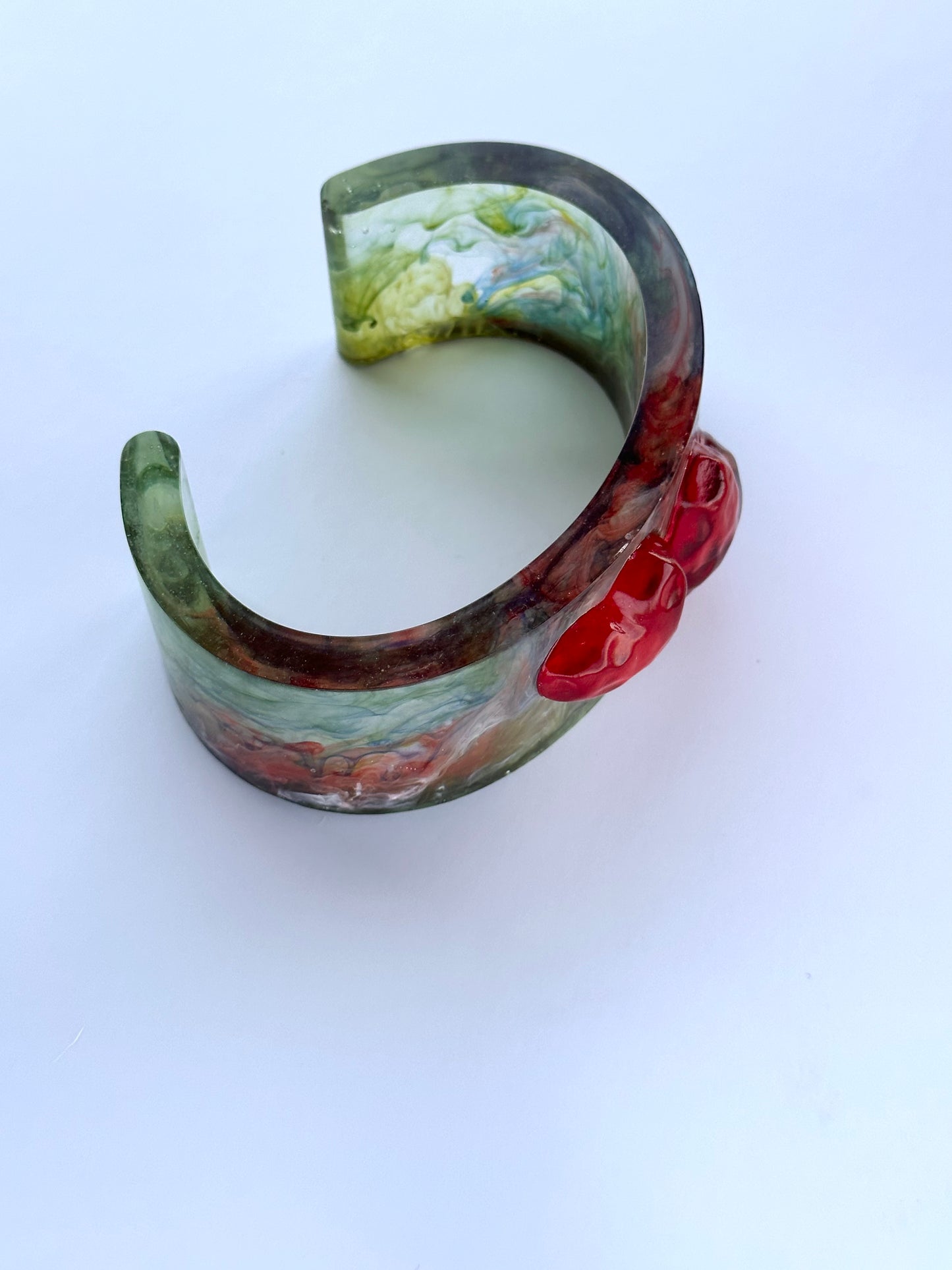 Vibrant Vintage Inspired Abstract Art Resin Cuff Bracelet with Red Hearts Inlay, Mid Century Style Colorful Clear Bangle, Friendship Gifts