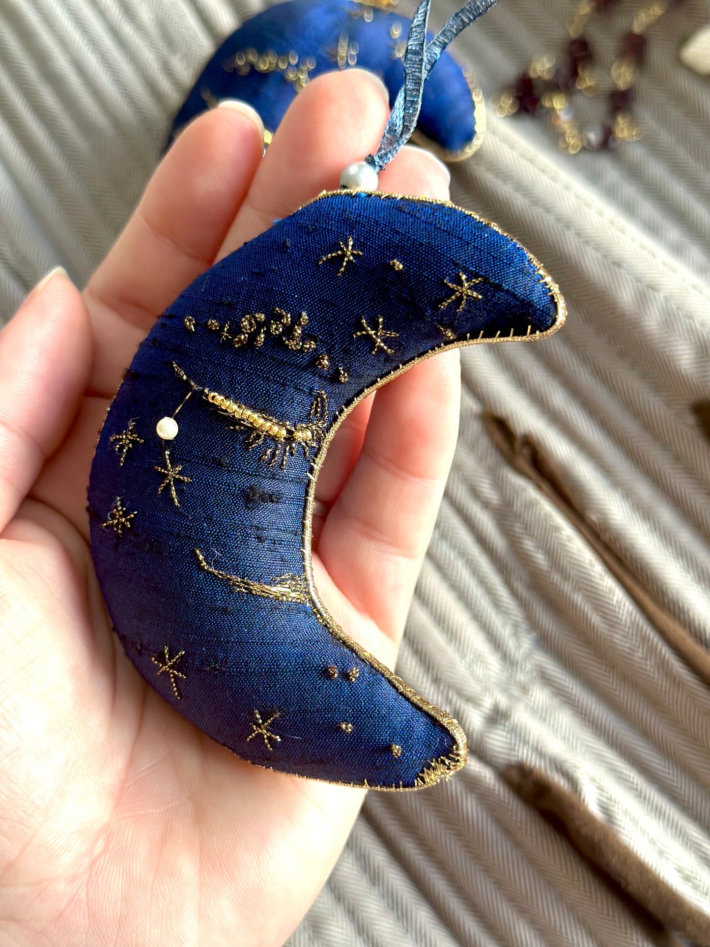 Silk Pincushion Ornament Crescent Moon Shaped in Midnight Blue, Goldwork Hand Embroidery Cute Gifts