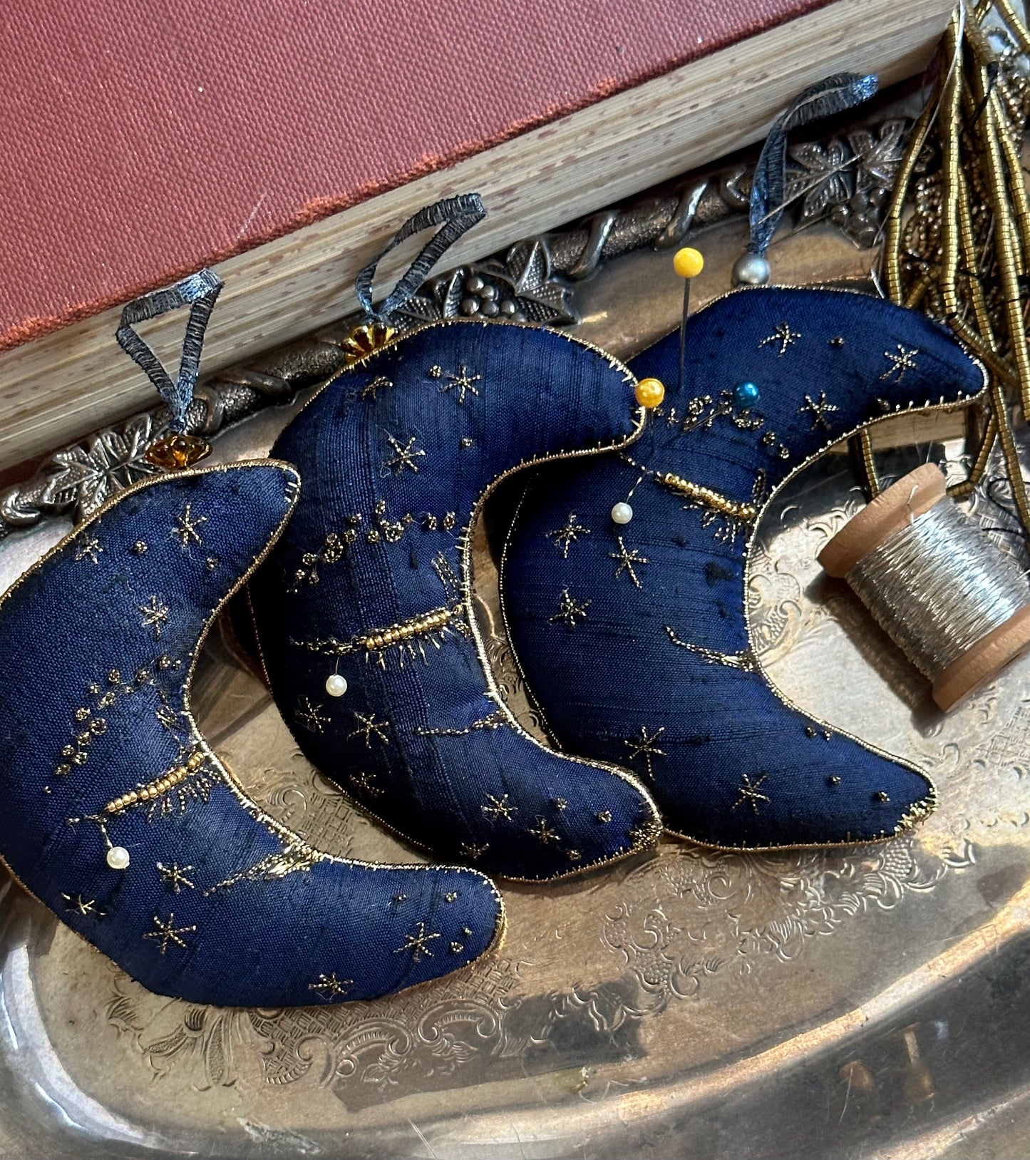 Silk Pincushion Ornament Crescent Moon Shaped in Midnight Blue, Goldwork Hand Embroidery Cute Gifts