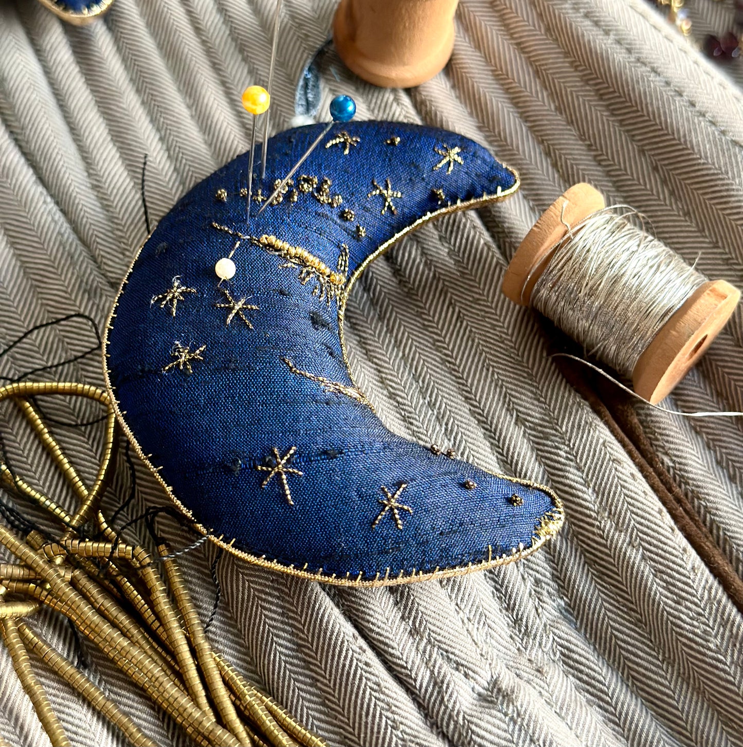 Silk Pincushion Ornament Crescent Moon Shaped in Midnight Blue, Goldwork Hand Embroidery Cute Gifts