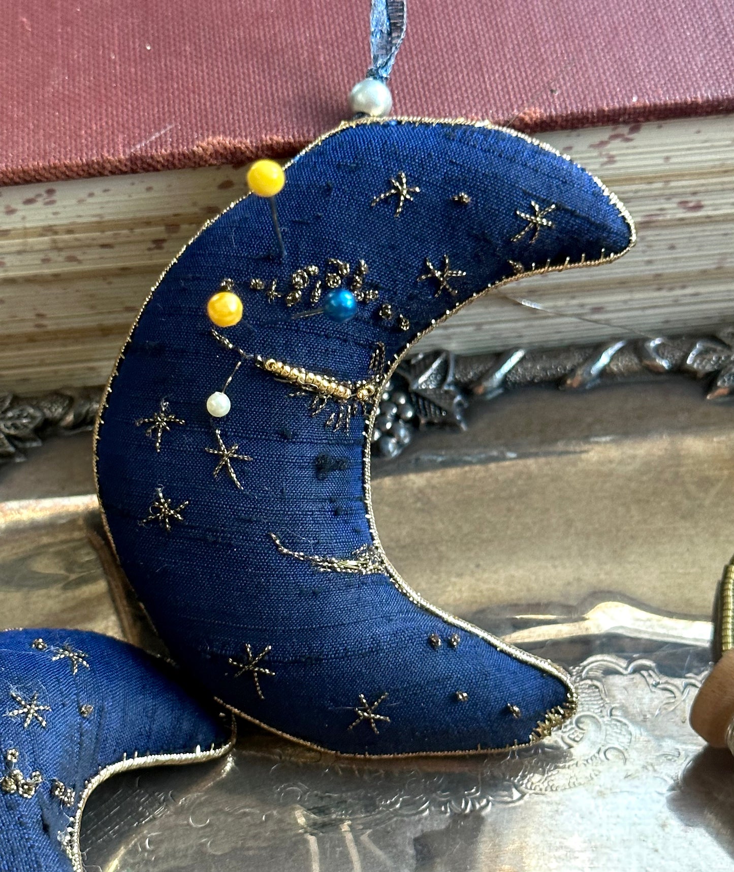 Silk Pincushion Ornament Crescent Moon Shaped in Midnight Blue, Goldwork Hand Embroidery Cute Gifts