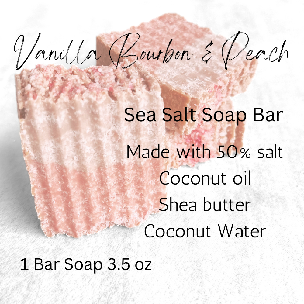 Vanilla Bourbon Peach Scented Sea Salt Shower Bar with Coconut Oil & Shea Butter 3.5 OZ; Soft Oriental Fruity Unisex Fragrance Soap Gift