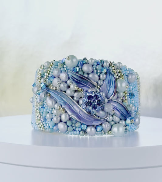 From Mermaid’s Garden Adjustable Bead Embroidered Bangle Jewelry, Beaded Pearl Sea Wave Underwater Art Bracelet