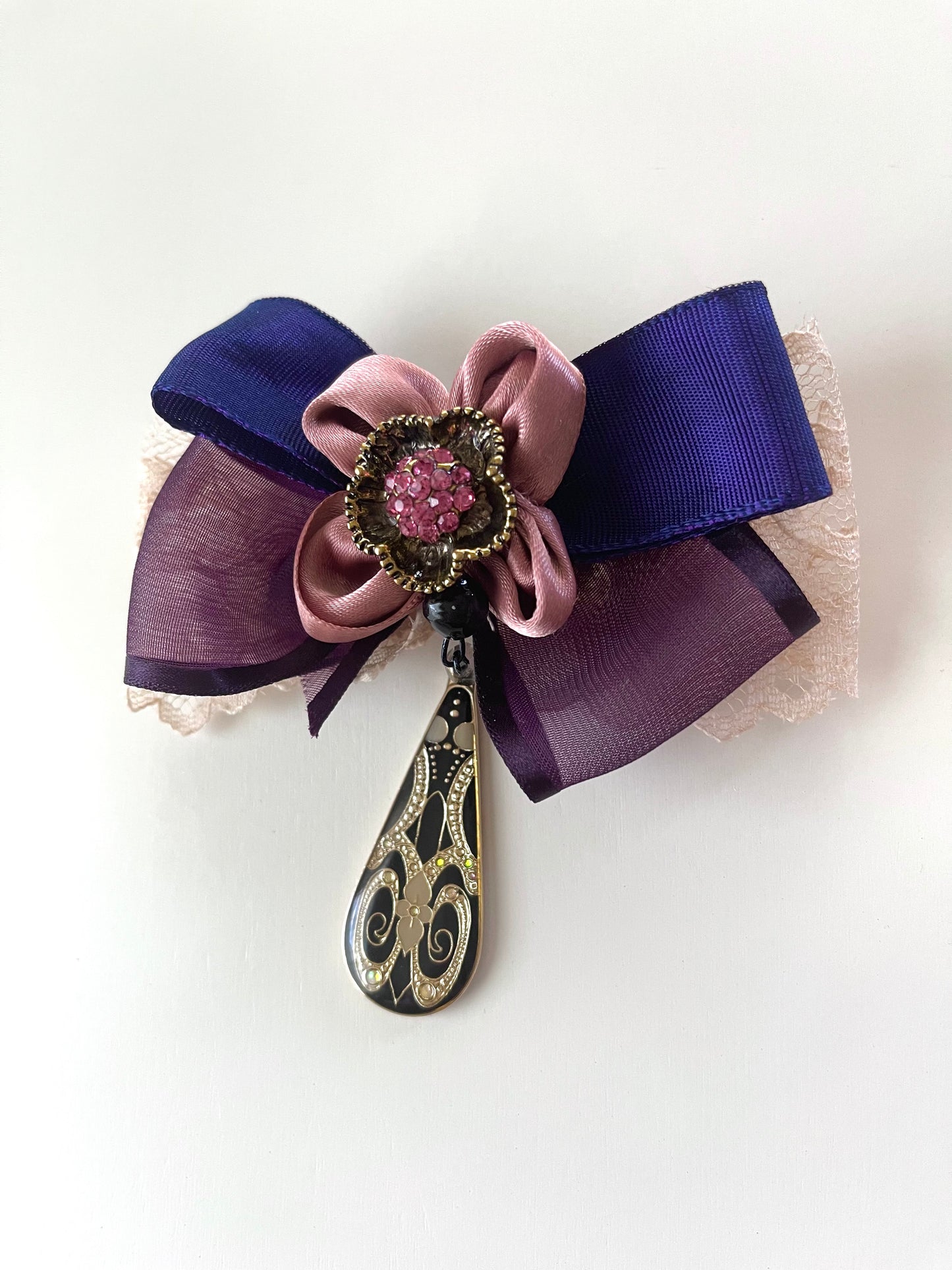 Ribbon Bow Pin with Pink Daisy Center and Lacquer Pendant