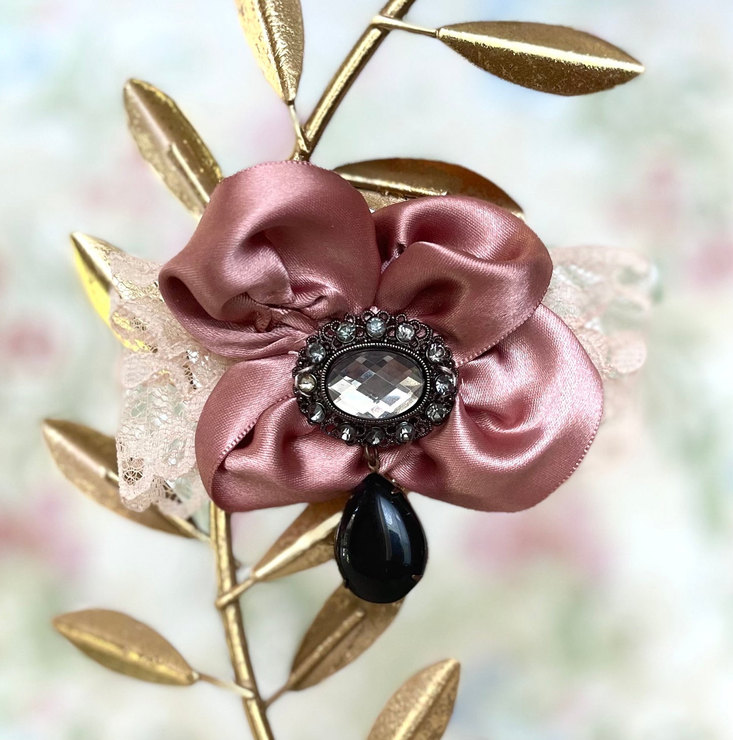 Rococo Mauve Satin Flower Brooch with Teardrop