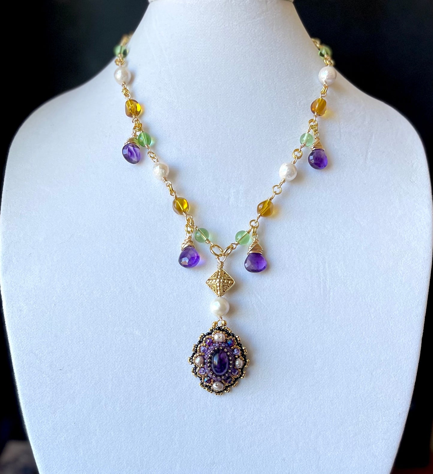 Byzantine Amethyst and Baroque Pearl Chain Necklace