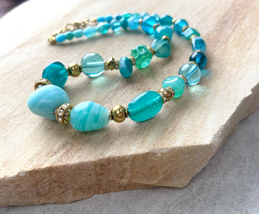 Juno Roman Antiquity Style Turquoise Glass Beaded Necklace for Women