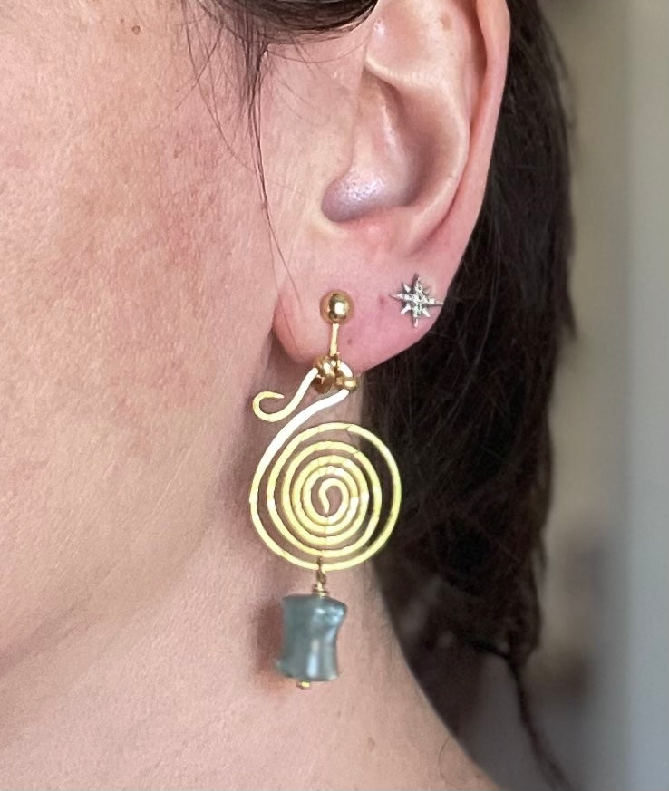 Bronze Age Celtic Style Spiral Coil Earrings with Blue Moss Aquamarine