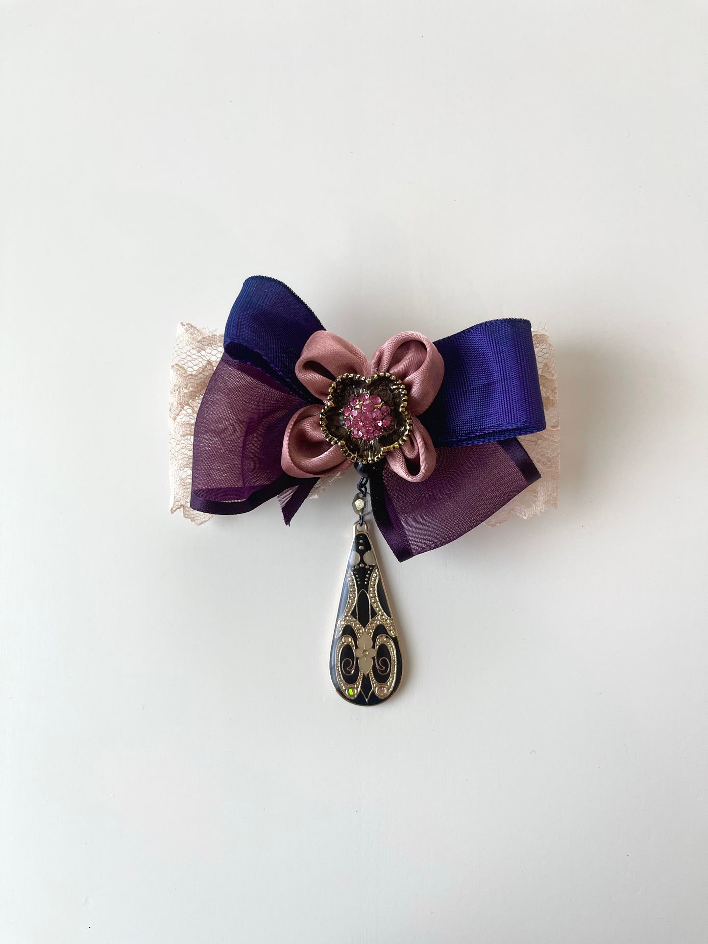 Ribbon Bow Pin with Pink Daisy Center and Lacquer Pendant