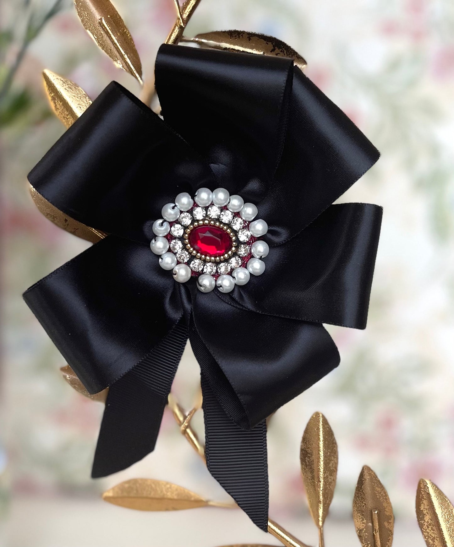 Baroque Black Satin Ribbon Rosette Embellishment with White Pearls