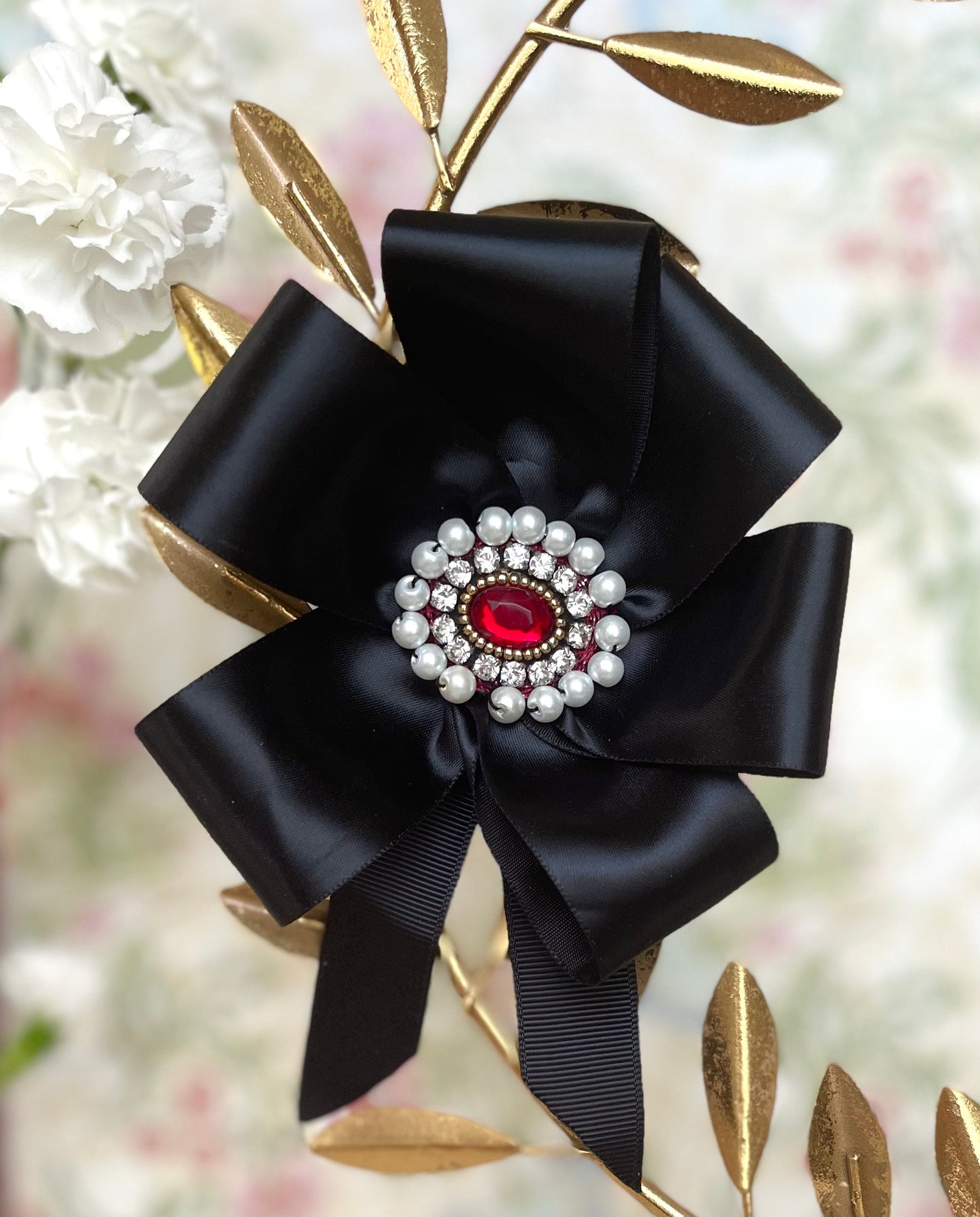 Baroque Black Satin Ribbon Rosette Embellishment with White Pearls