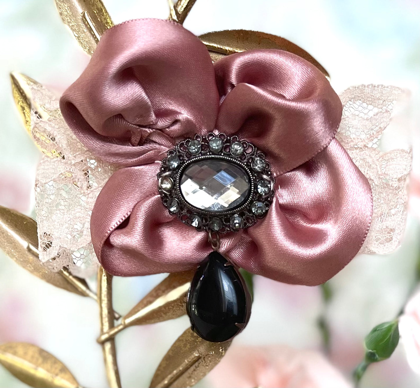 Rococo Mauve Satin Flower Brooch with Teardrop