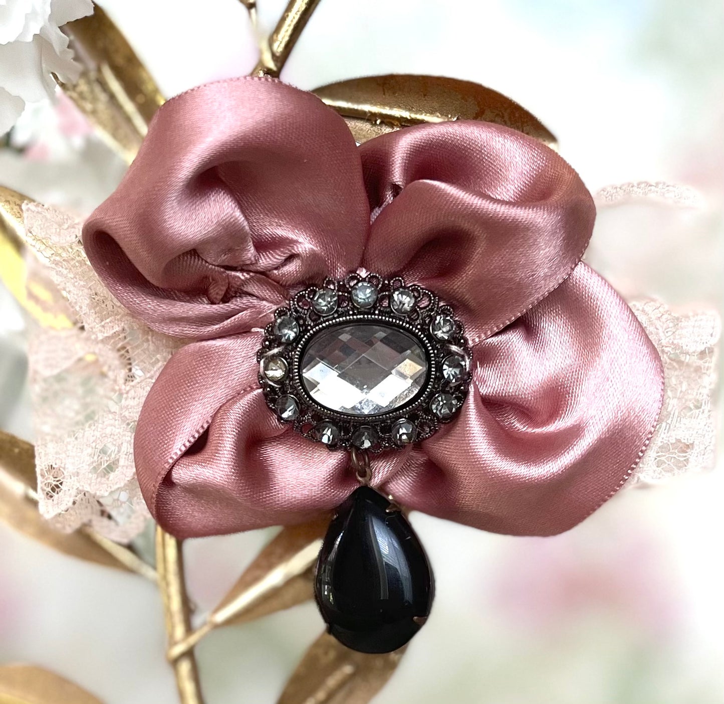 Rococo Mauve Satin Flower Brooch with Teardrop