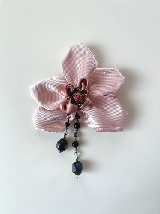 Ribbon Orchid Satin Floral Brooch with Black Pearls