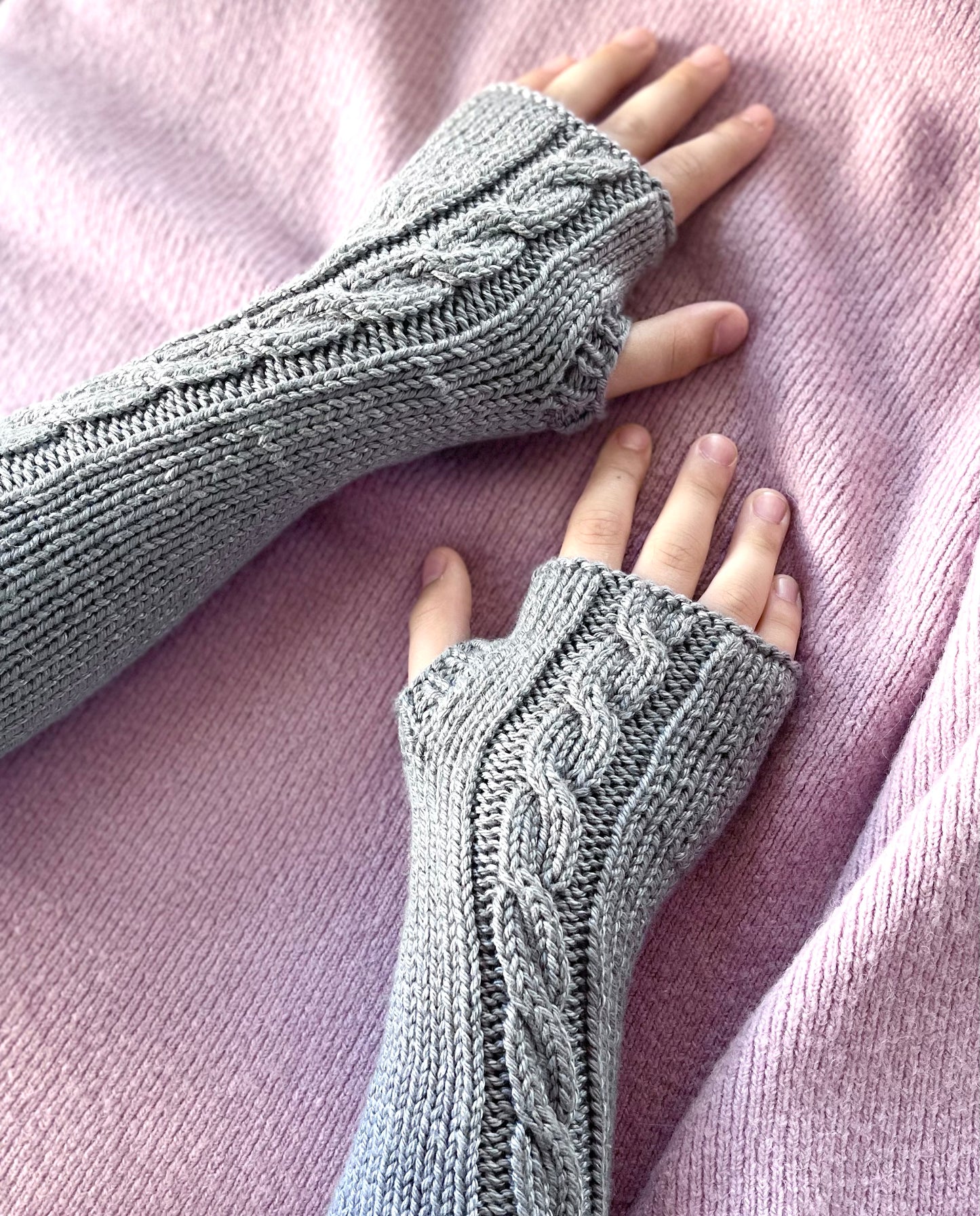 Kids Hand Knit Cable Arm Warmers in Koala Gray