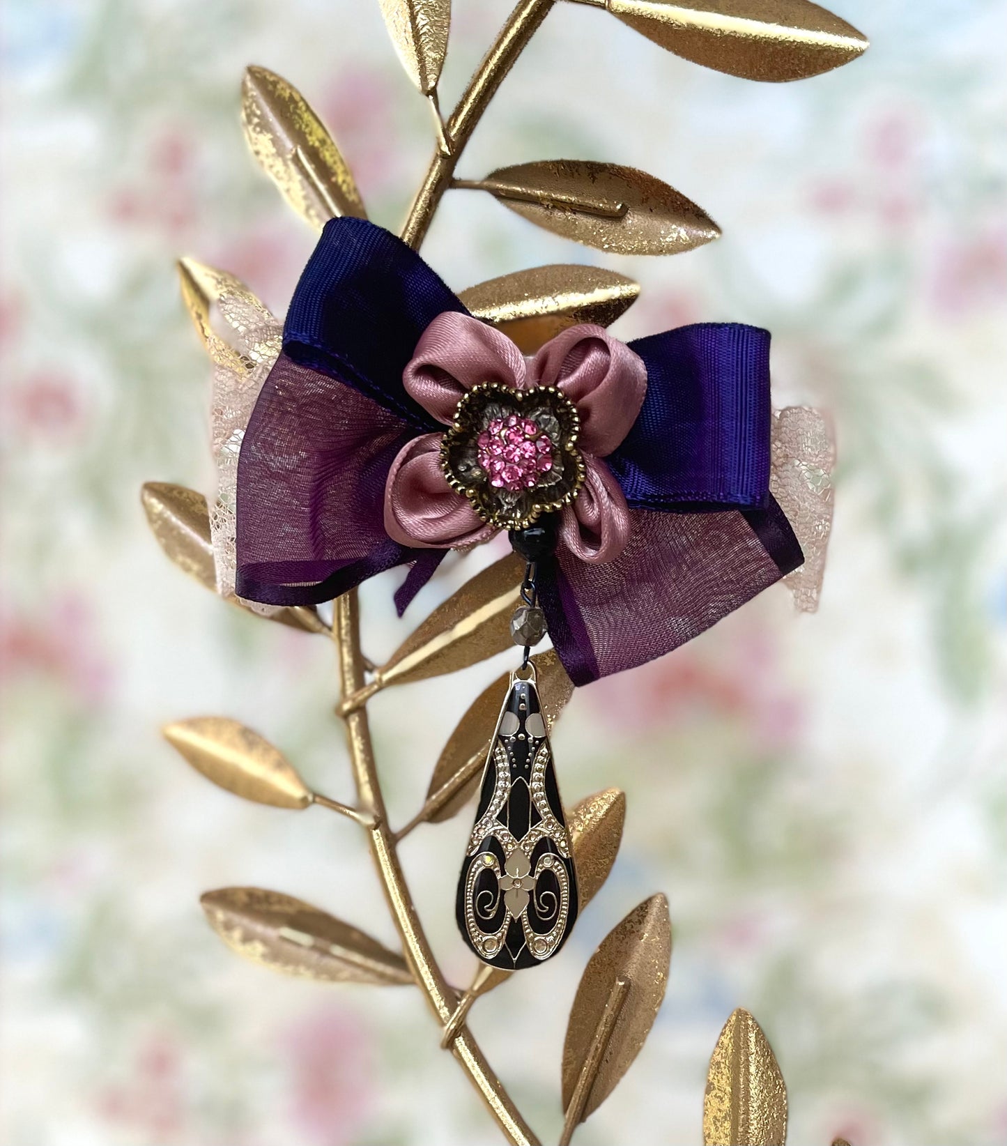 Ribbon Bow Pin with Pink Daisy Center and Lacquer Pendant