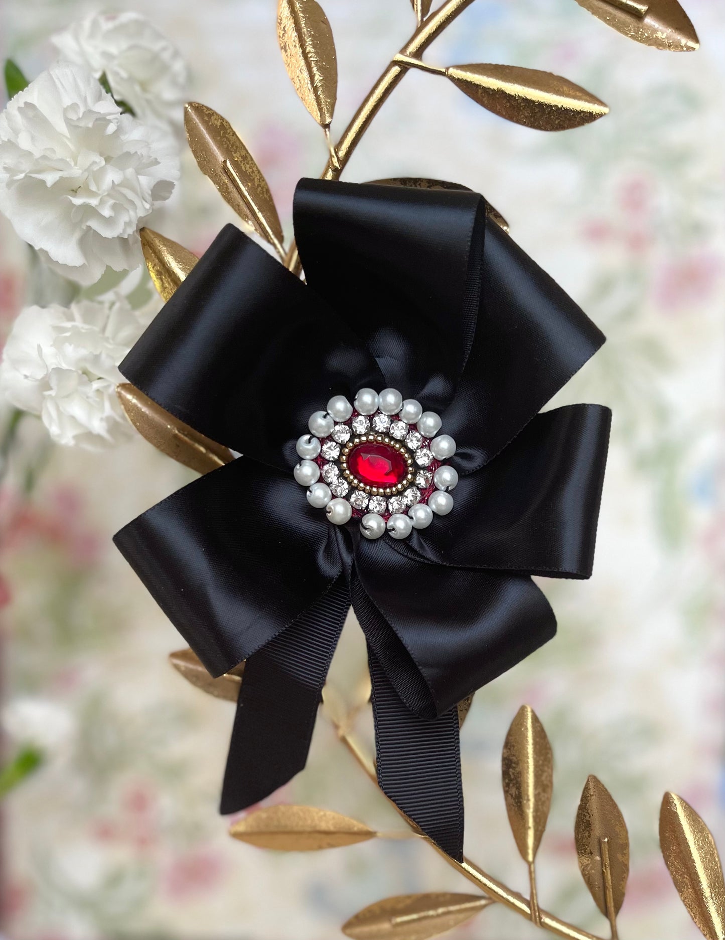 Baroque Black Satin Ribbon Rosette Embellishment with White Pearls