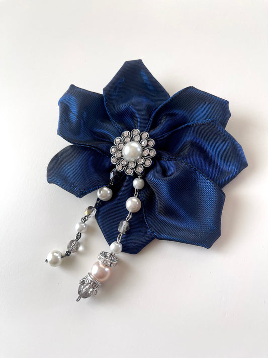 Midnight Ink Poinsettia Flower Brooch with White Pearls