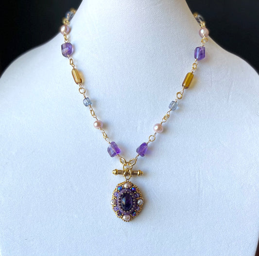 Byzantine Amethyst Gemstone Chain Necklace with Pearls