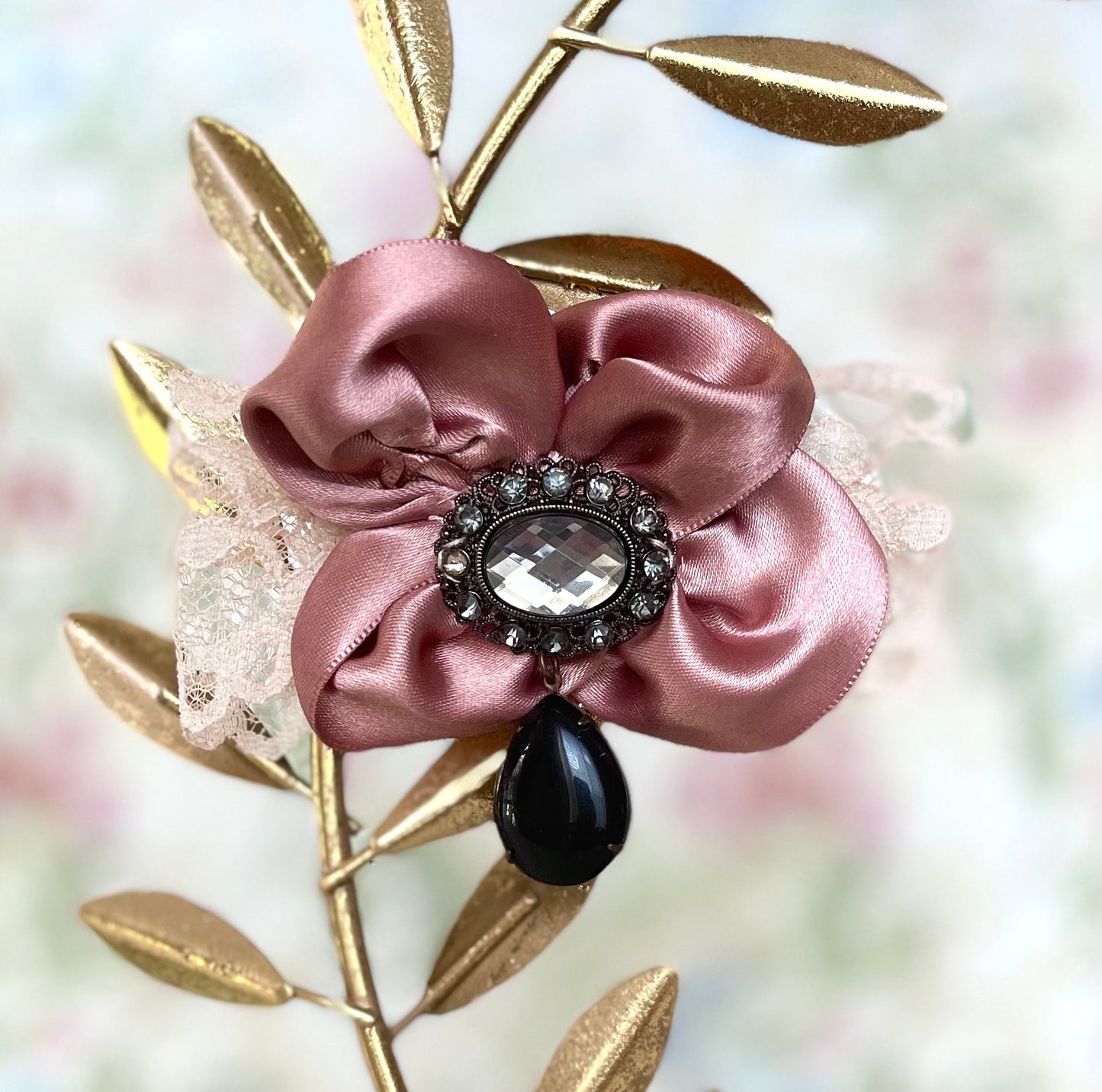 Rococo Mauve Satin Flower Brooch with Teardrop