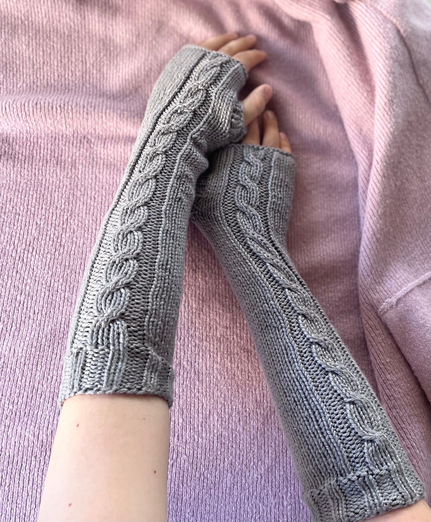 Kids Hand Knit Cable Arm Warmers in Koala Gray