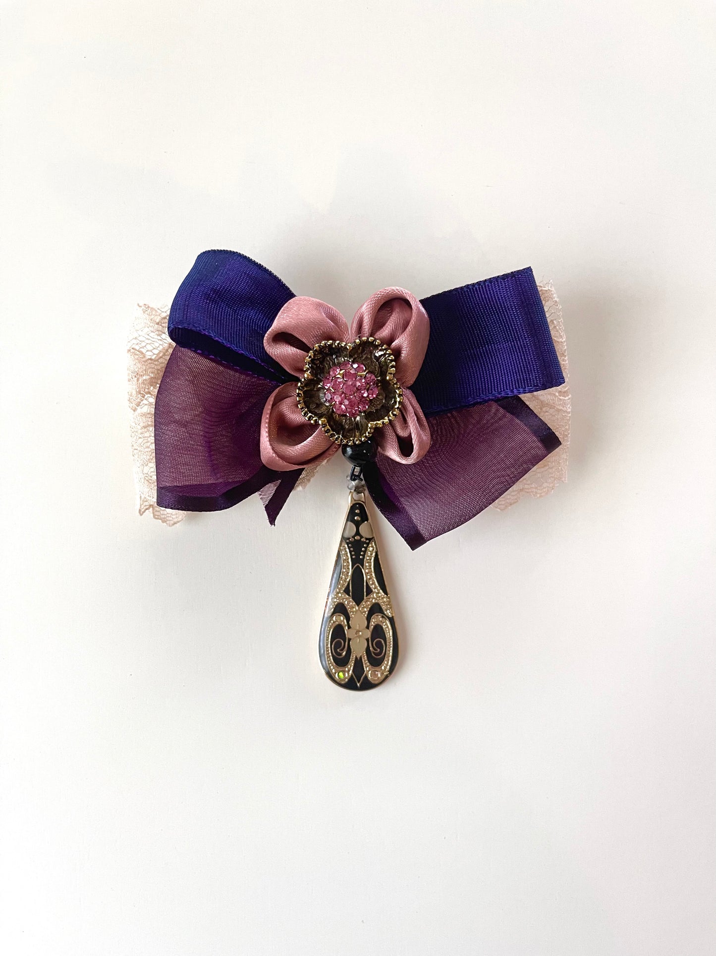 Ribbon Bow Pin with Pink Daisy Center and Lacquer Pendant