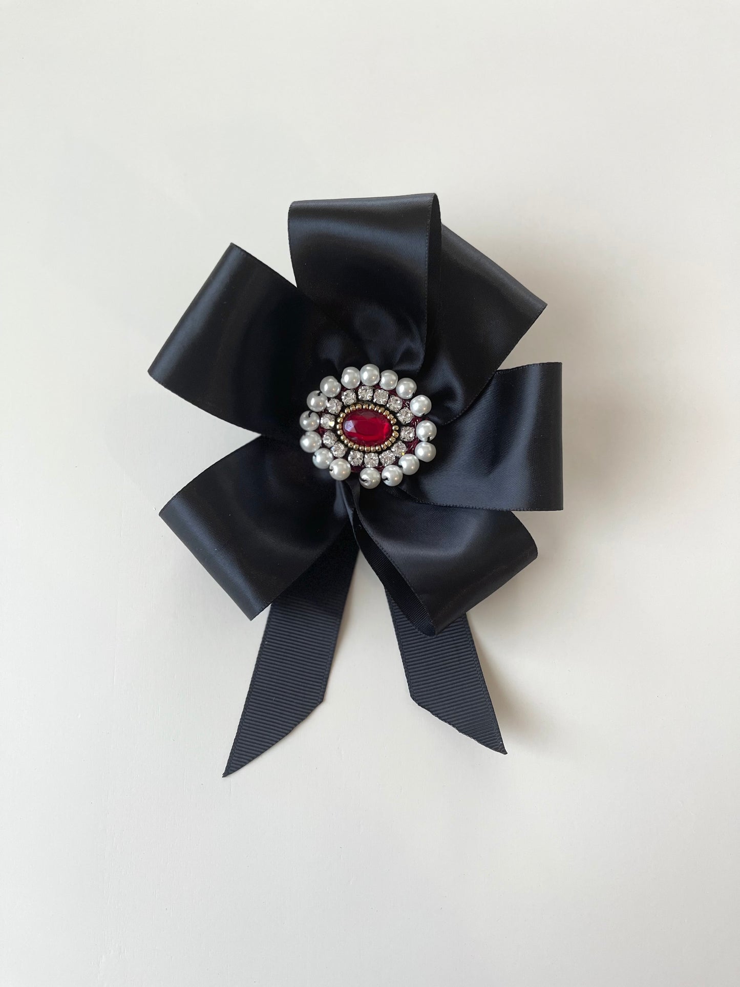 Baroque Black Satin Ribbon Rosette Embellishment with White Pearls