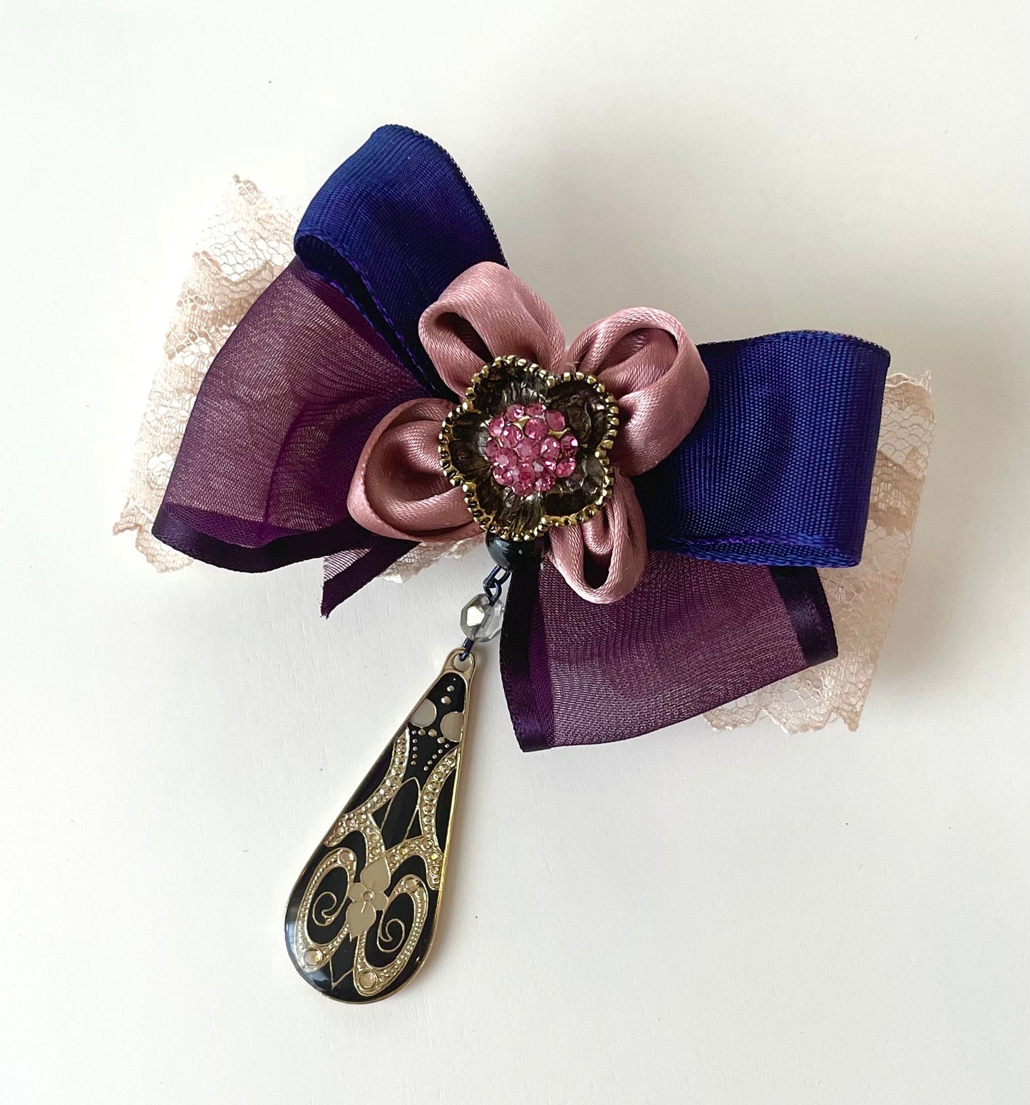 Ribbon Bow Pin with Pink Daisy Center and Lacquer Pendant