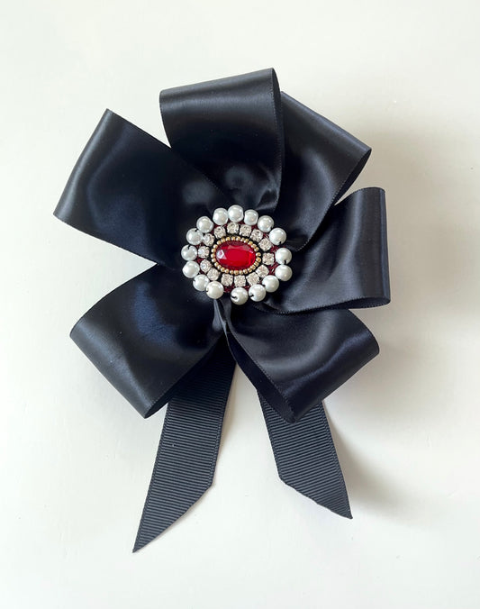 Baroque Black Satin Ribbon Rosette Embellishment with White Pearls