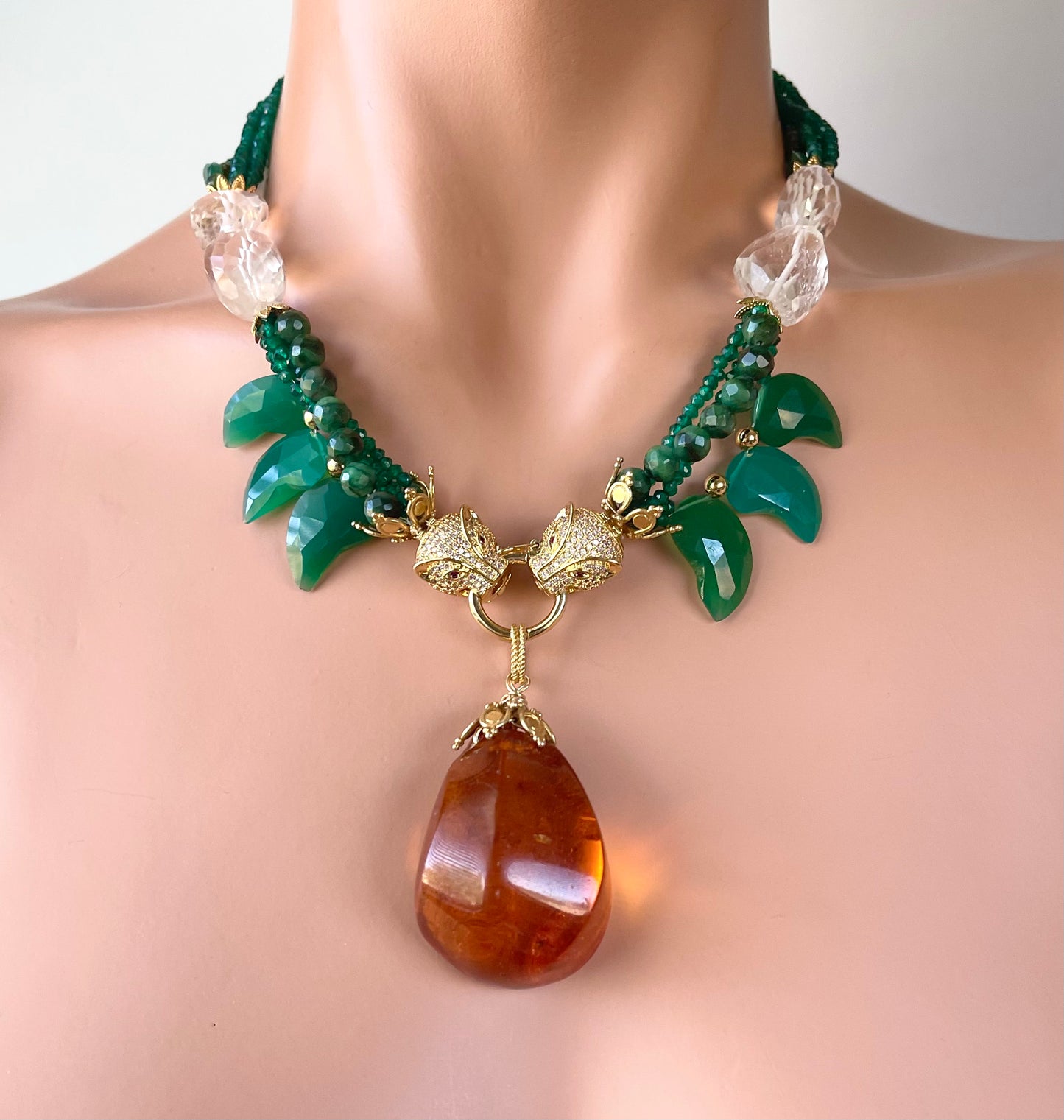 Luxury Necklace with Baltic Amber and Carved Green Onyx