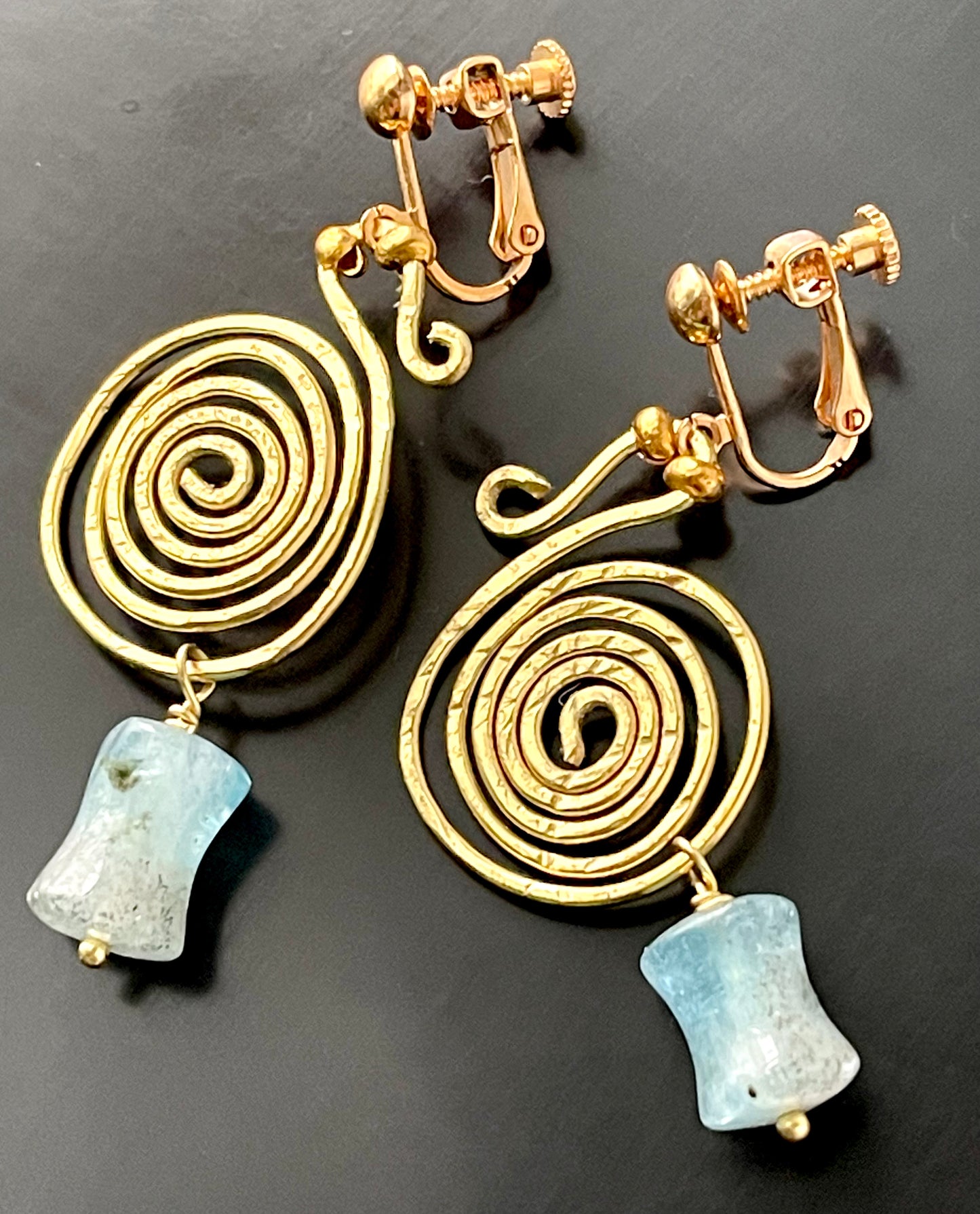 Bronze Age Celtic Style Spiral Coil Earrings with Blue Moss Aquamarine