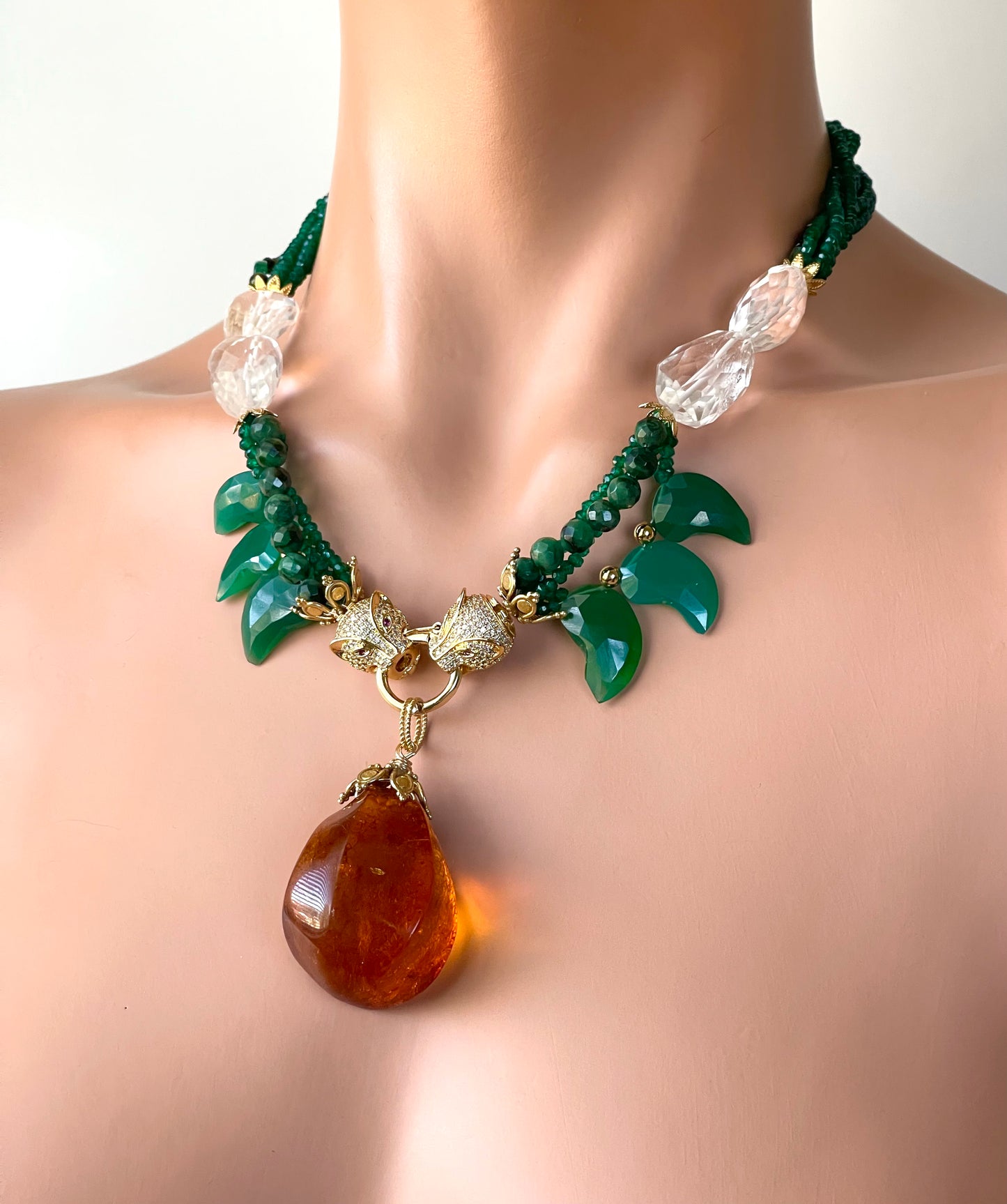 Luxury Necklace with Baltic Amber and Carved Green Onyx