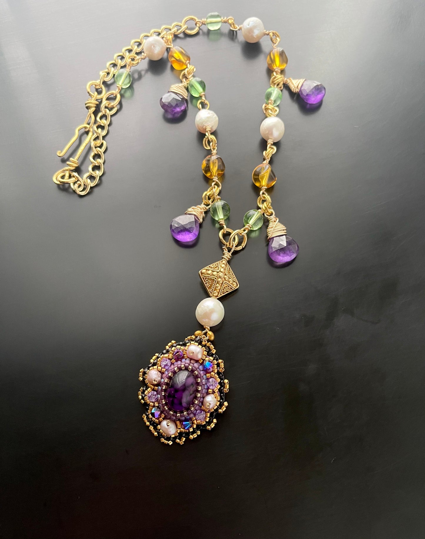 Byzantine Amethyst and Baroque Pearl Chain Necklace