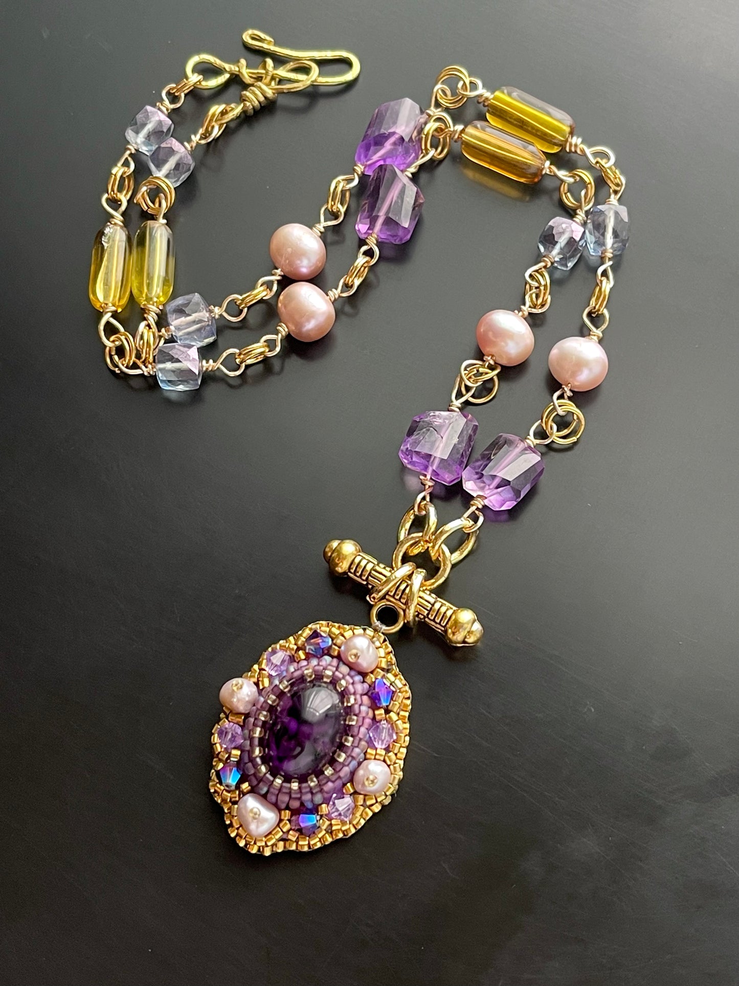 Byzantine Amethyst Gemstone Chain Necklace with Pearls