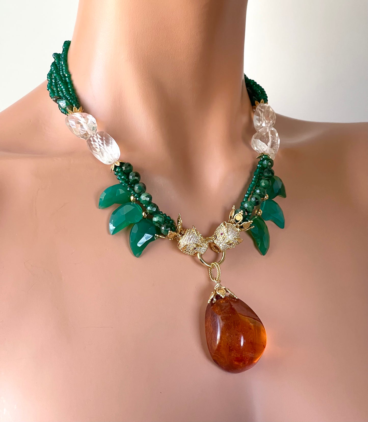 Luxury Necklace with Baltic Amber and Carved Green Onyx