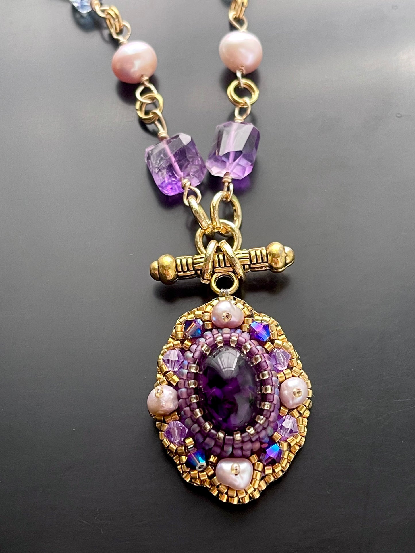 Byzantine Amethyst Gemstone Chain Necklace with Pearls